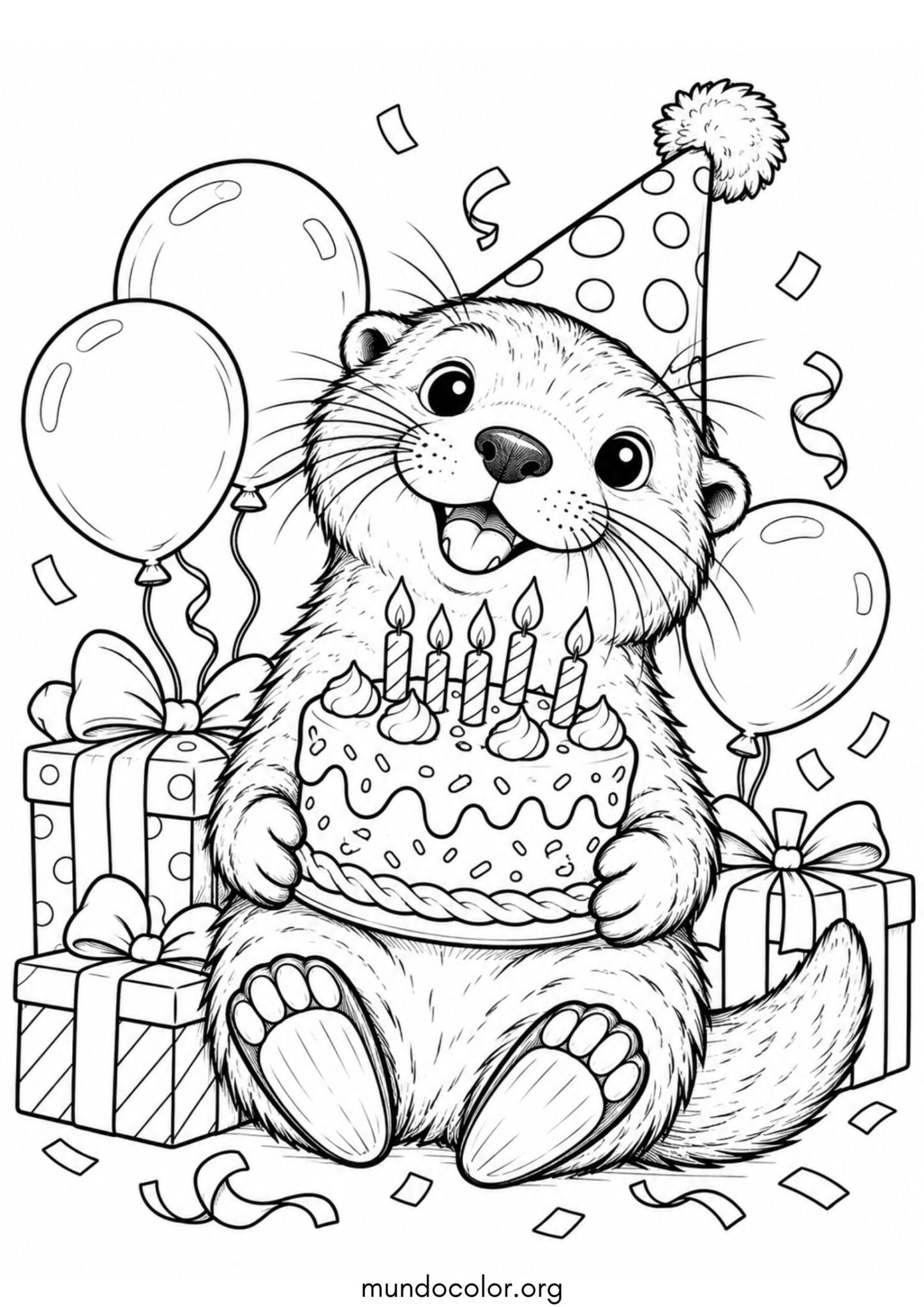 Nutria festejando su cumpleaños para imprimir y pintar Dibujo de Nutria festejando su cumpleaños para colorear