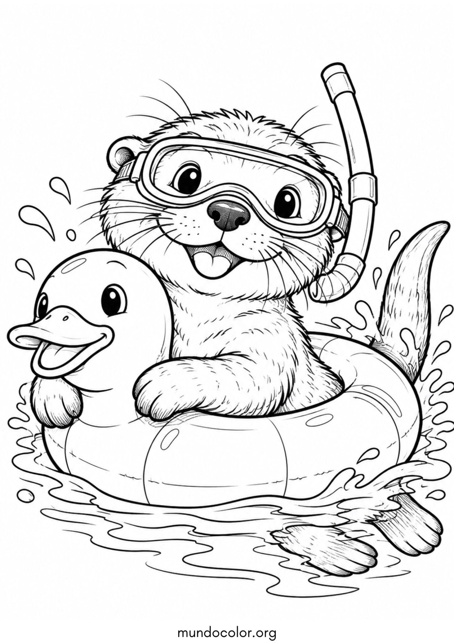 Nutria nadadora con gafas de buceo, snorkel y flotador salvavidas de patito para imprimir y pintar Dibujo de Nutria nadadora con gafas de buceo, snorkel y flotador salvavidas de patito para colorear