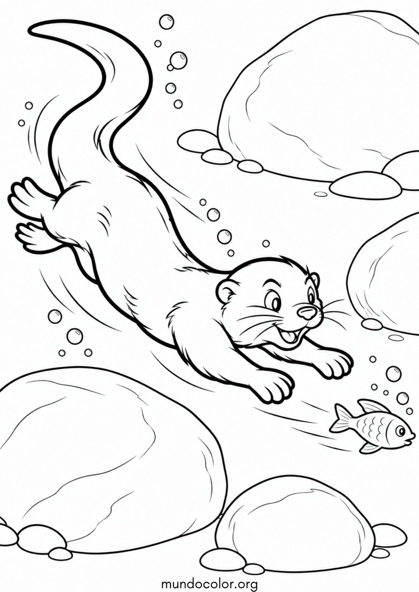 Dibujo de Nutria nadando tras un pez entre las piedras del río para colorear