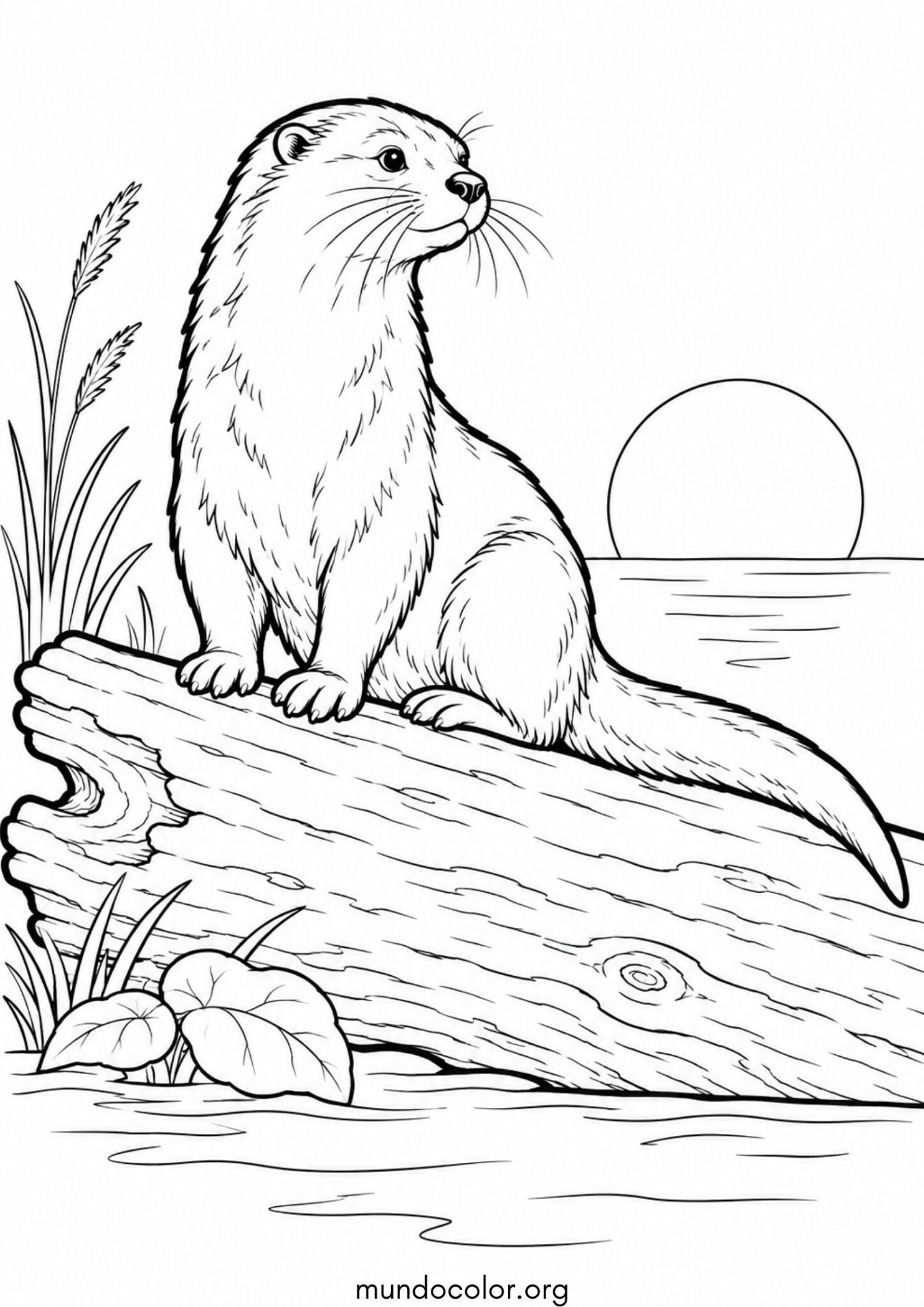 Dibujo de Nutria sentada en un tronco caído al atardecer para colorear