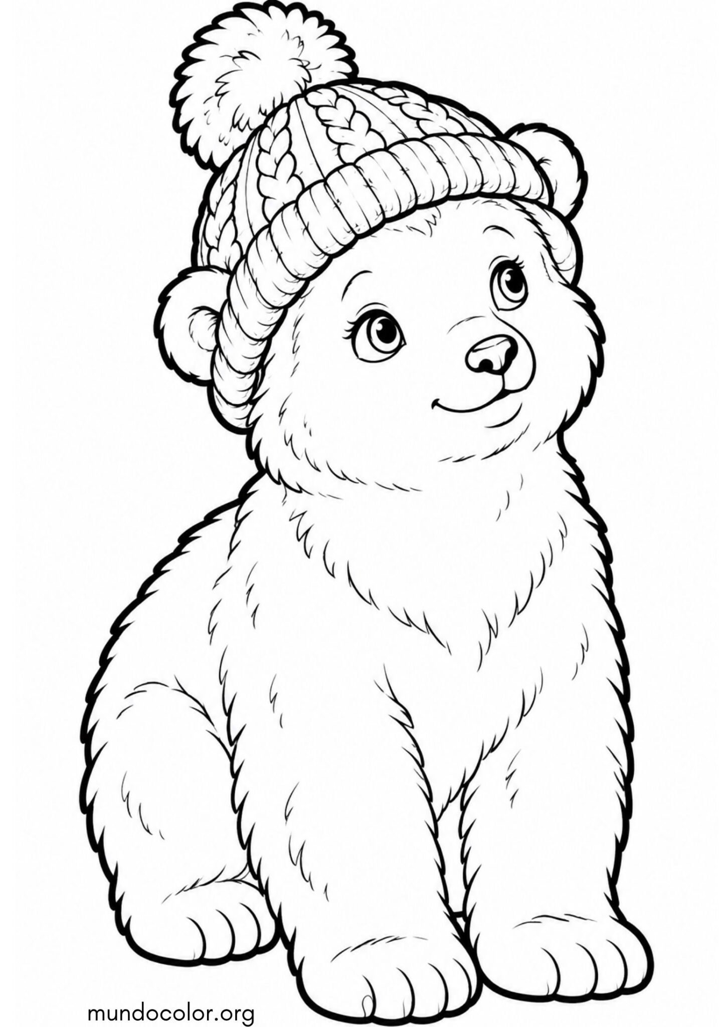 Dibujo de Osezno polar con gorro de lana con pompón para colorear
