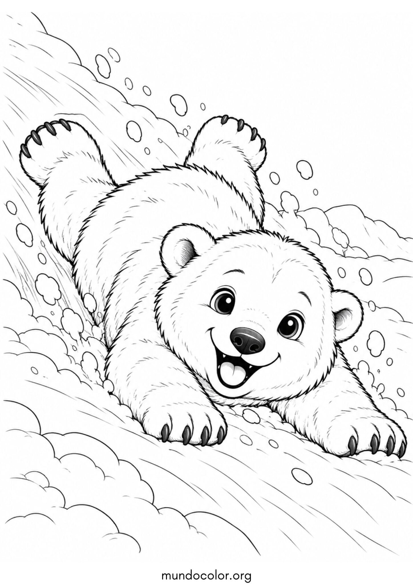 Dibujo de Osezno polar deslizándose sobre la panza por una colina de nieve para colorear