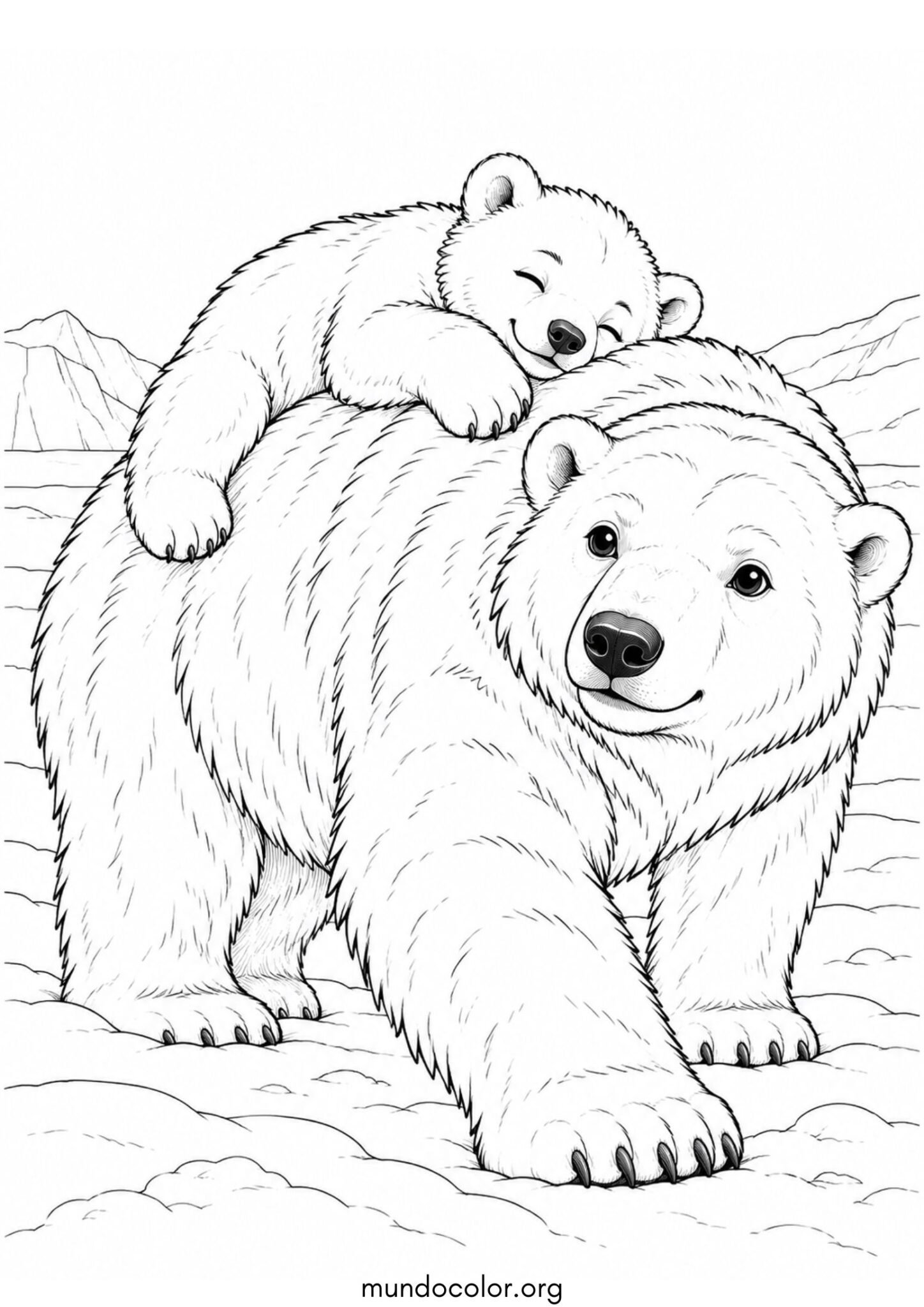 Dibujo de Osezno polar durmiendo plácidamente sobre el lomo de su madre en la nieve para colorear