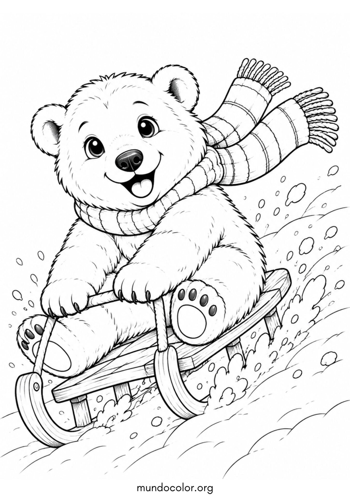 Dibujo de Osezno polar montando en trineo para colorear