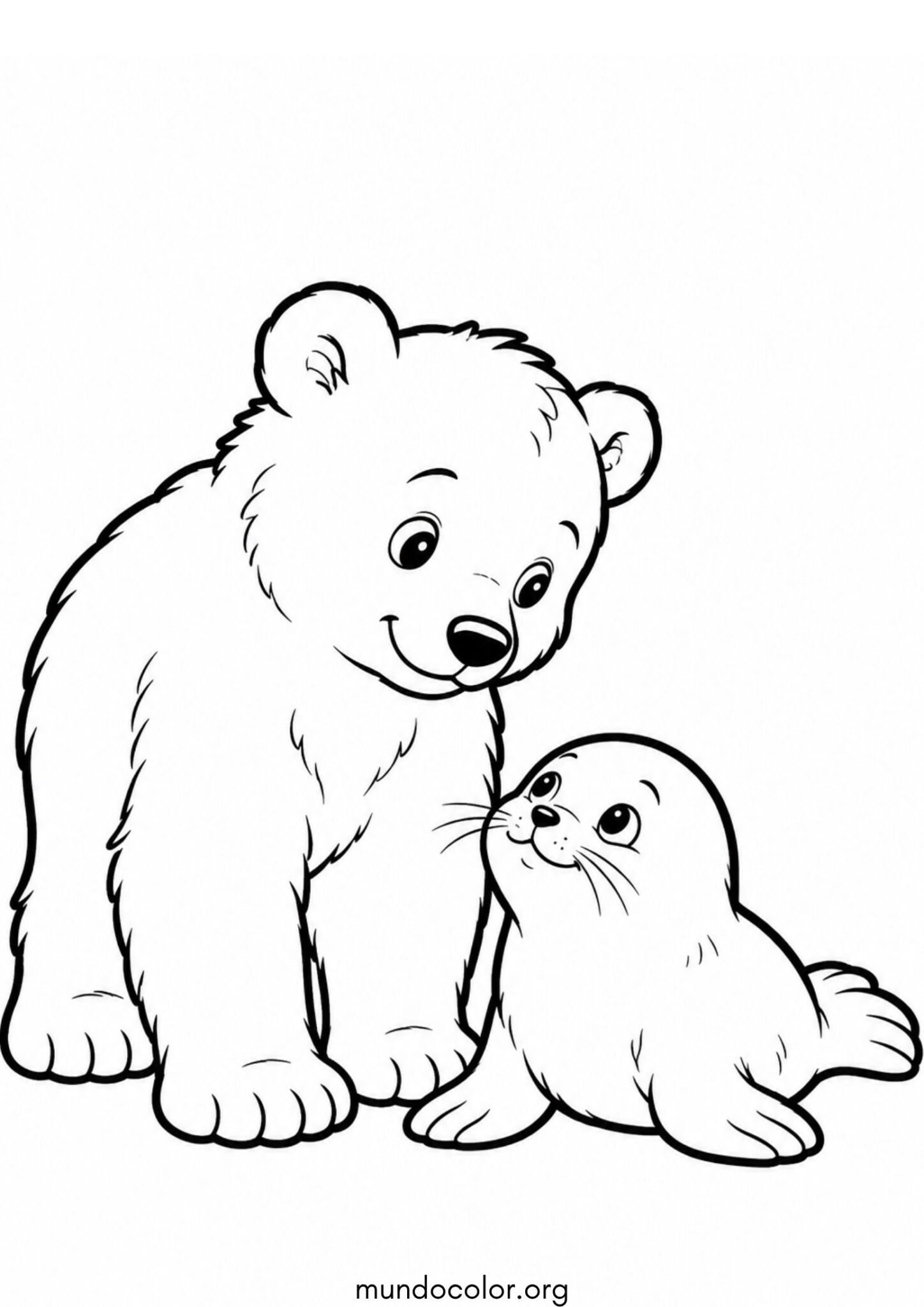 Dibujo de Osezno polar y una pequeña foca para colorear