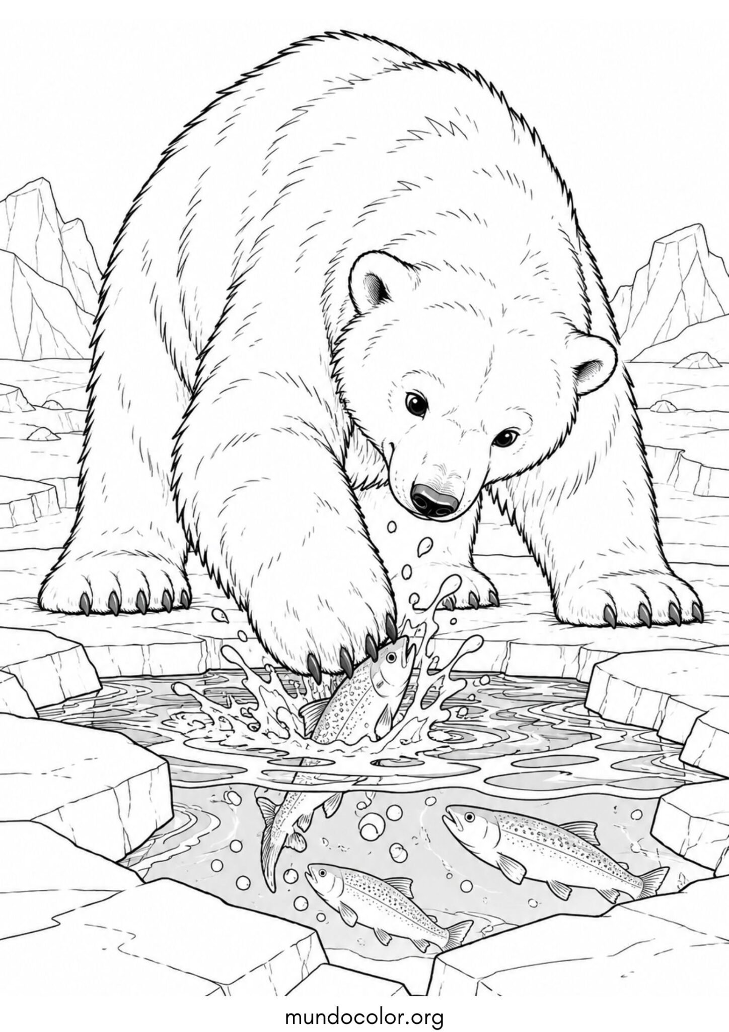 Dibujo de Oso polar grande pescando un pez en un agujero en el hielo para colorear