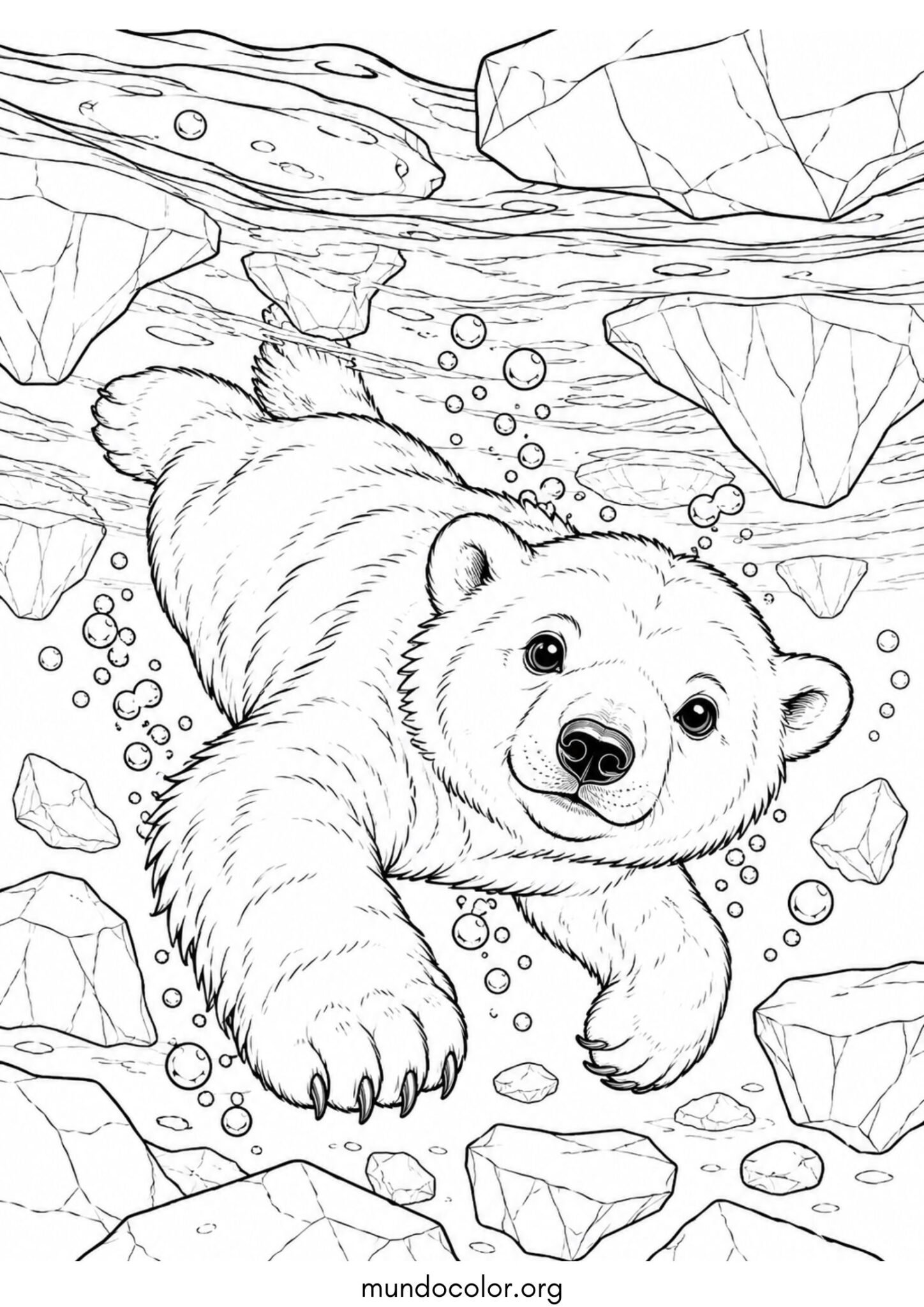 Dibujo de Oso polar nadando bajo el agua cristalina entre bloques de hielo para colorear
