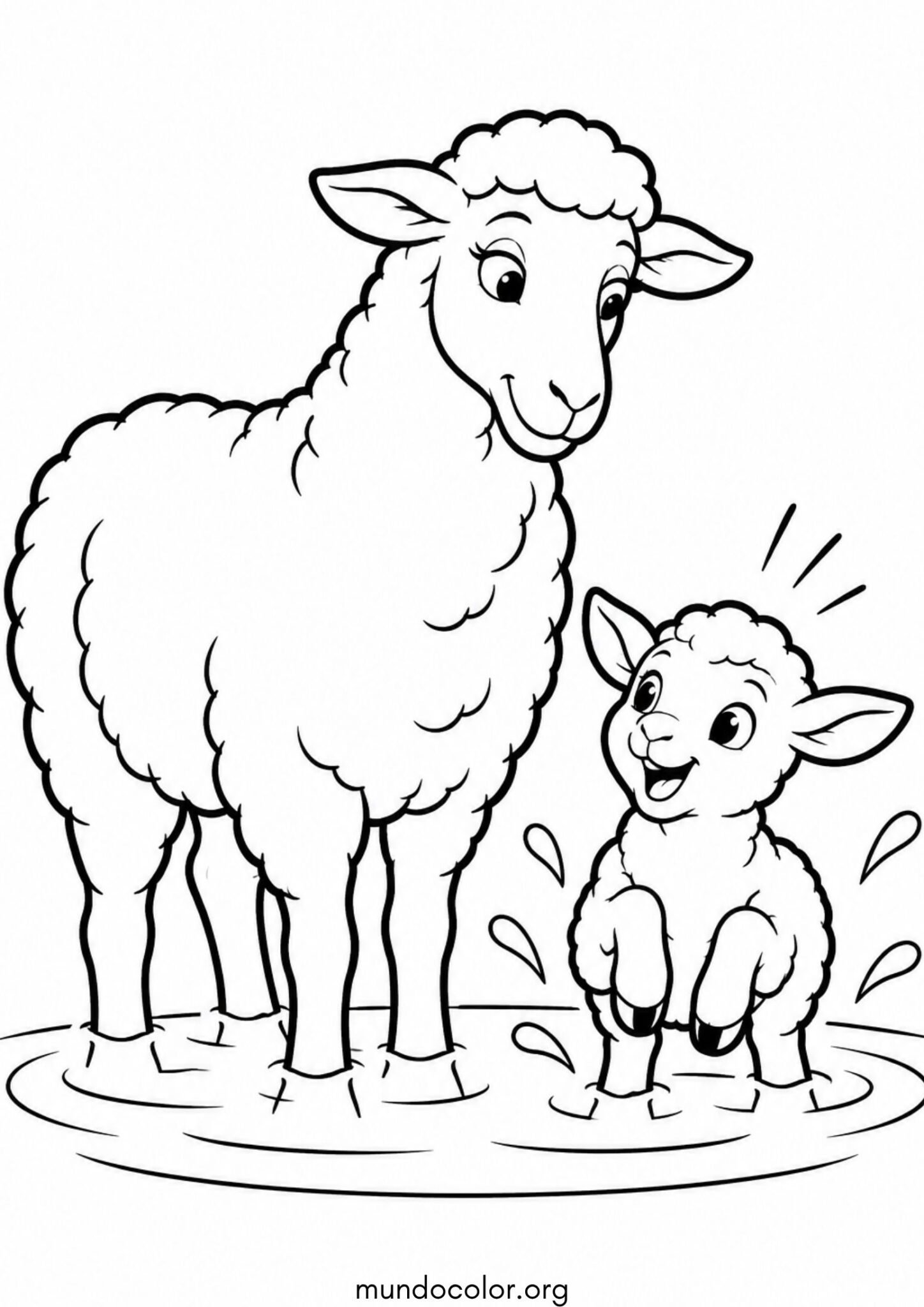 Dibujo de Oveja con su corderito en el estanque para colorear