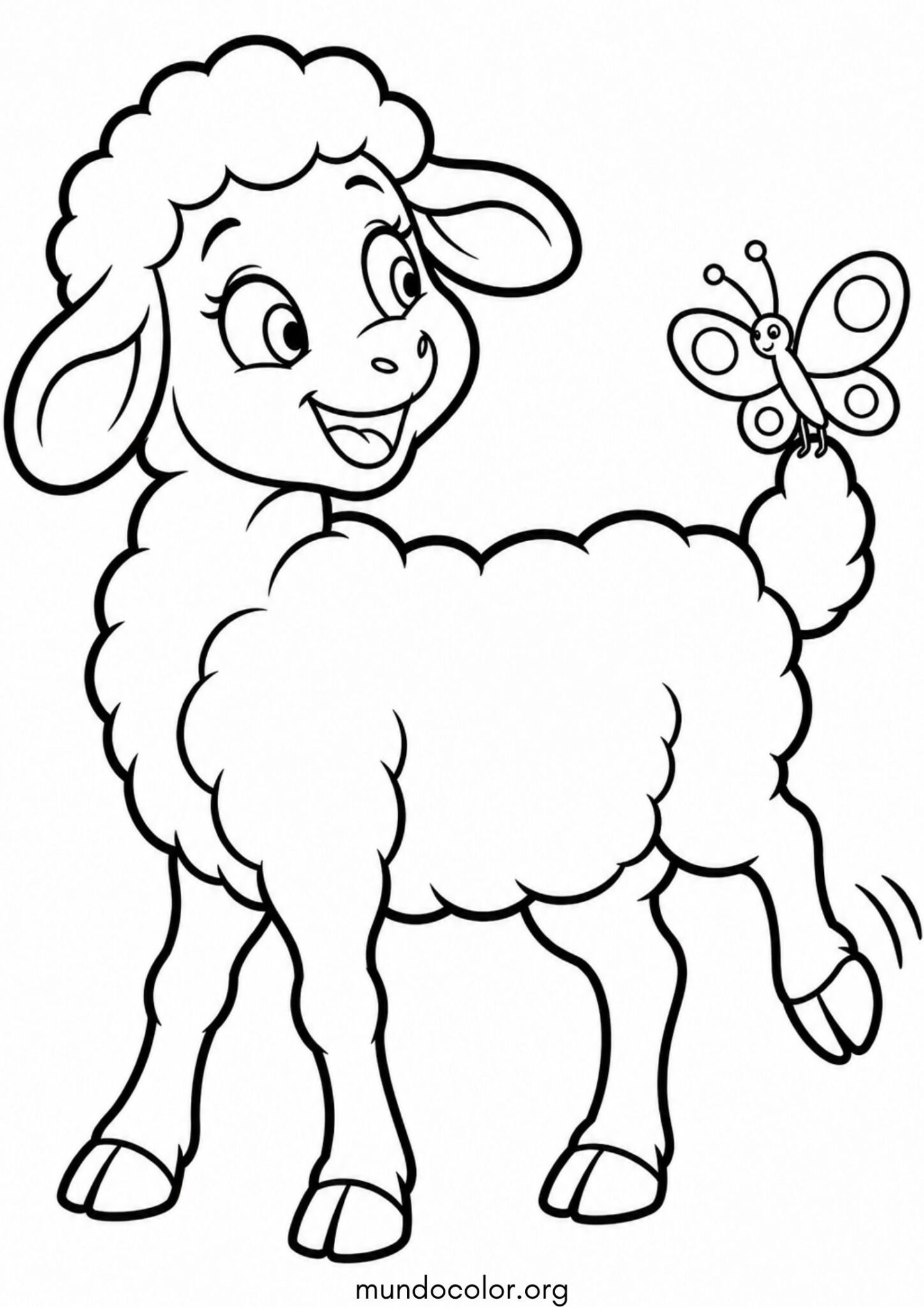 Dibujo de Oveja con una mariposa en la cola para colorear