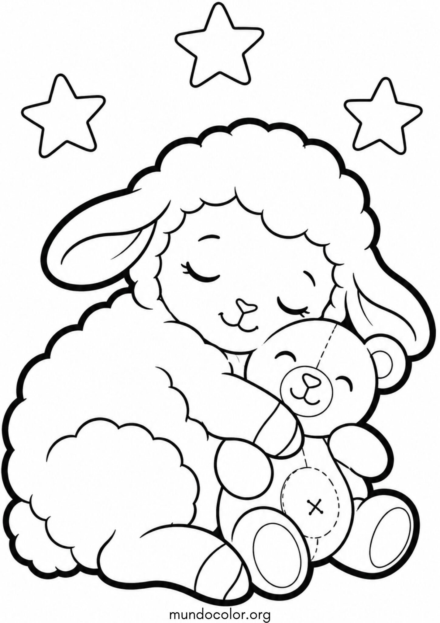 Dibujo de Oveja durmiendo abrazada a su osito de peluche favorito para colorear