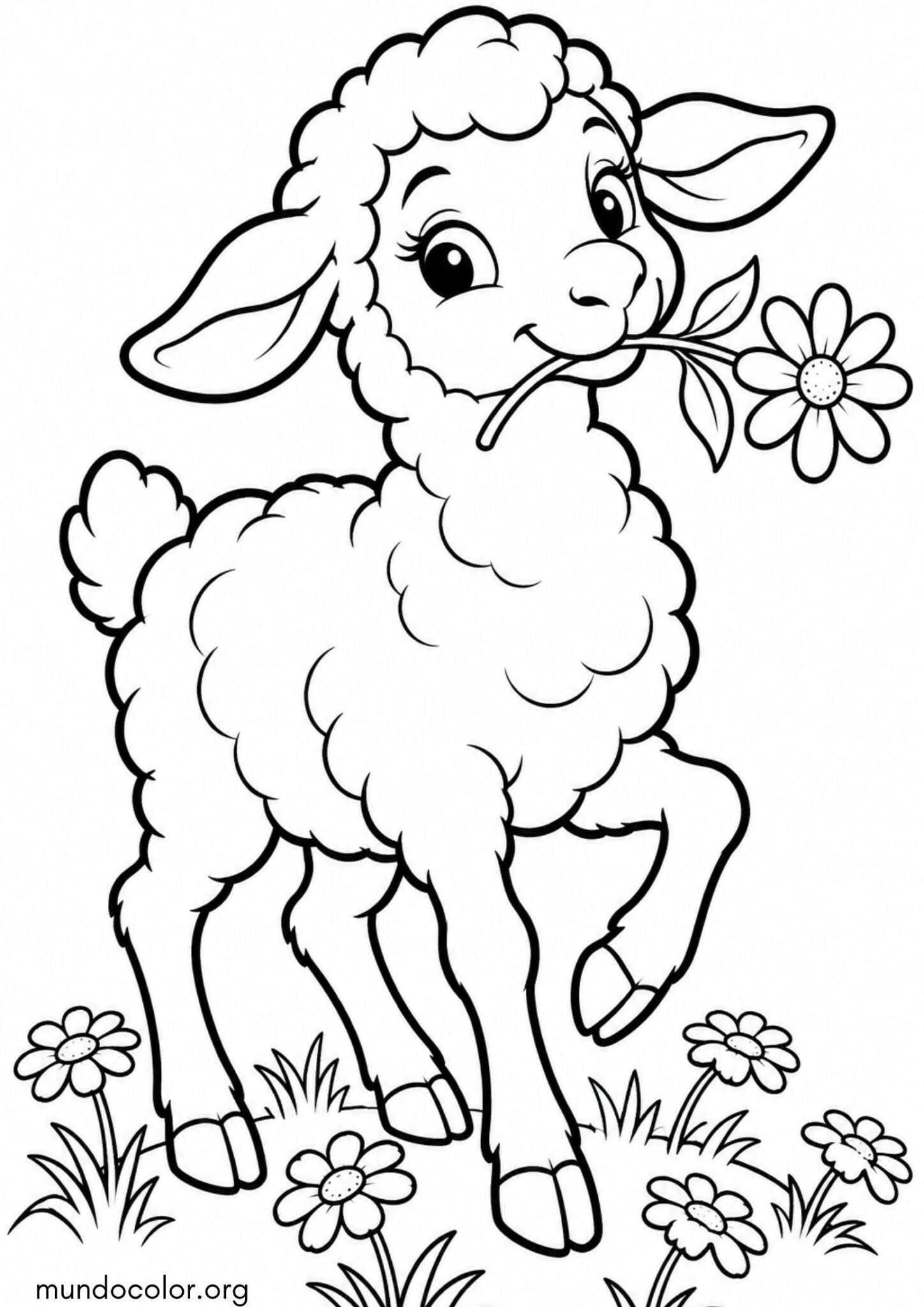 Dibujo de Oveja feliz comiendo flores de margarita en el campo para imprimir Dibujo de Oveja feliz comiendo flores de margarita en el campo para colorear