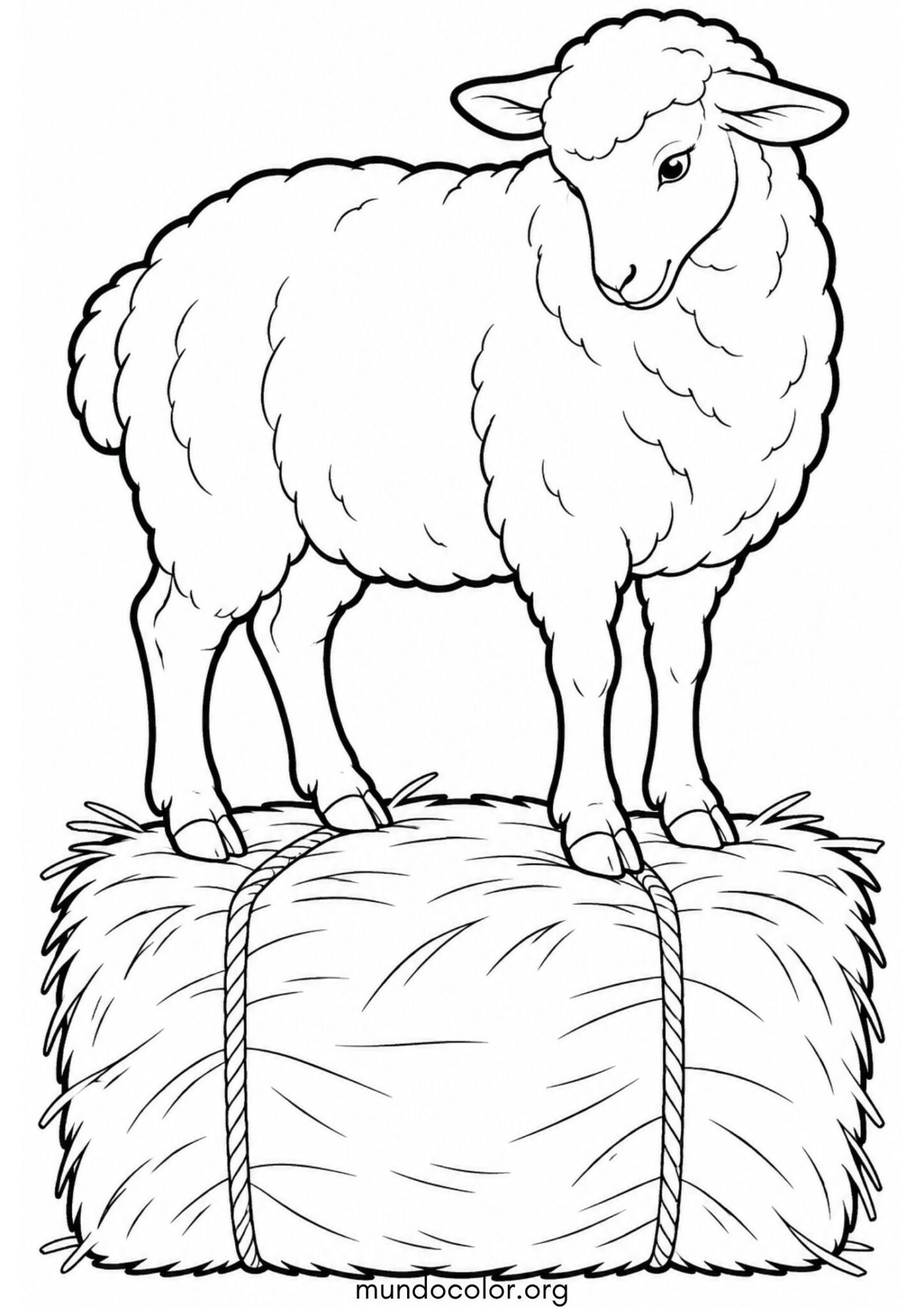 Dibujo de Oveja sobre una paca de heno para colorear