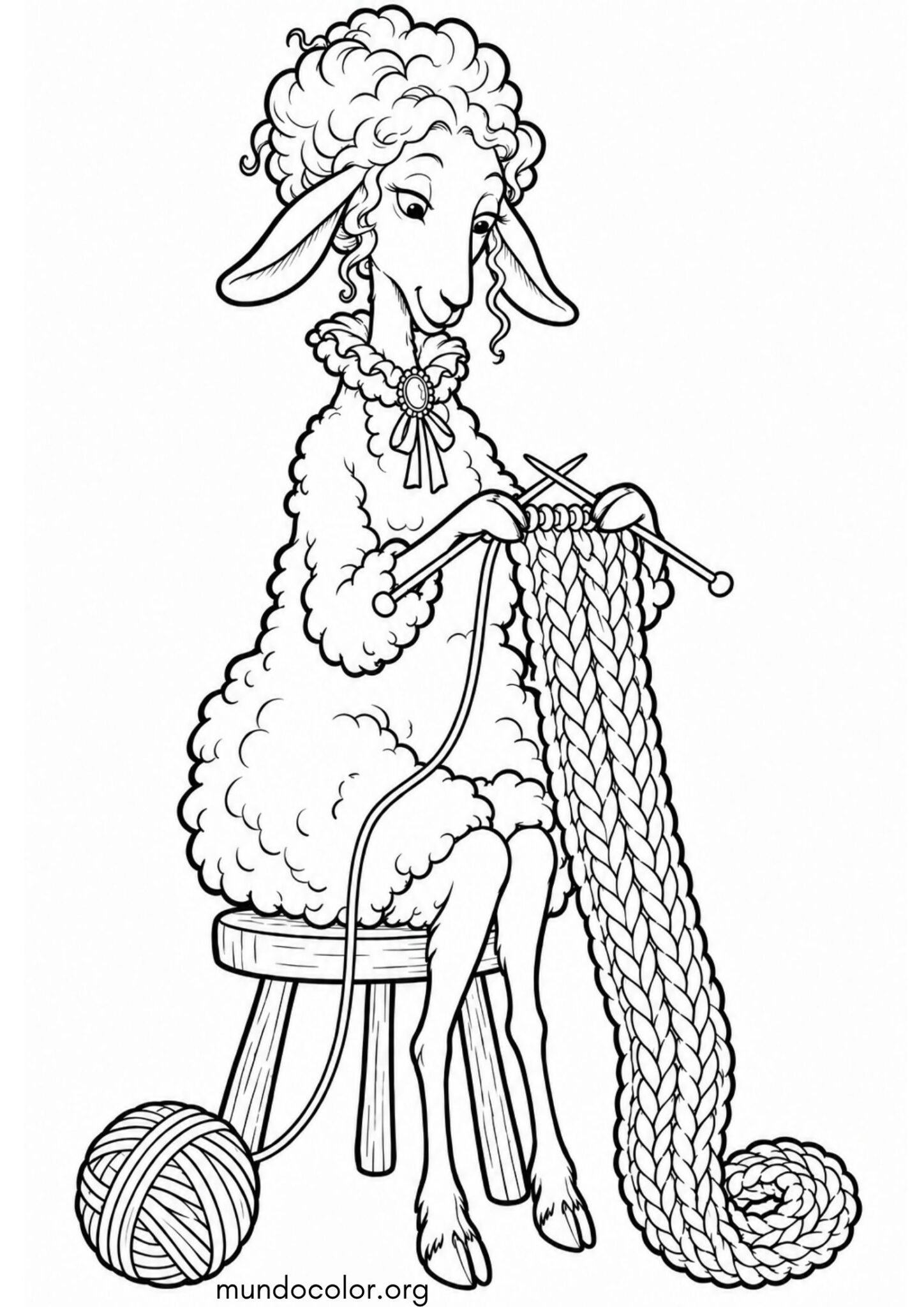 Dibujo de Oveja tejiendo una bufanda con su propio ovillo de lana para colorear