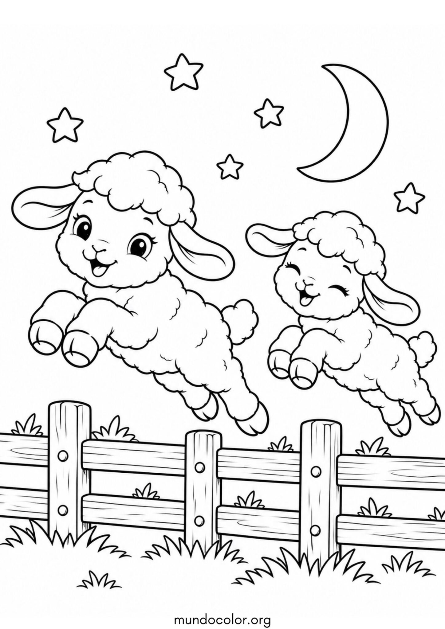 Dibujo de Ovejas saltando una valla de madera bajo la luna y estrellas para imprimir Dibujo de Ovejas saltando una valla de madera bajo la luna y estrellas para colorear