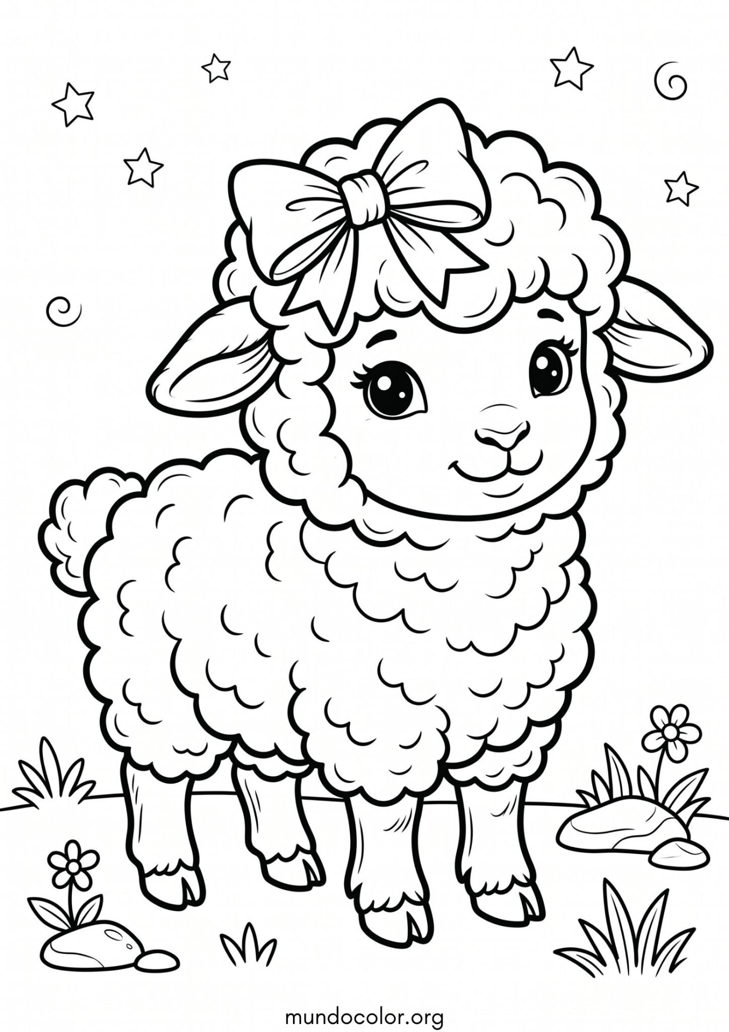 Dibujo de Ovejita con un lazo bonito para imprimir Dibujo de Ovejita con un lazo bonito para colorear