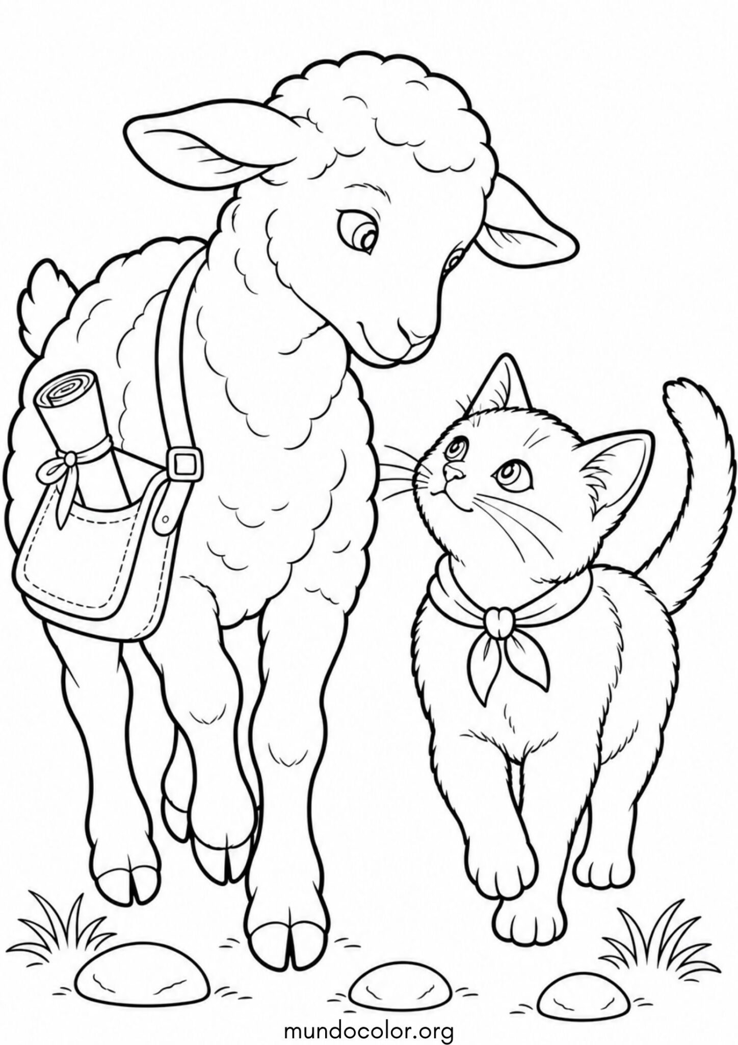 Dibujo de Ovejita y gatito para imprimir Dibujo de Ovejita y gatito para colorear