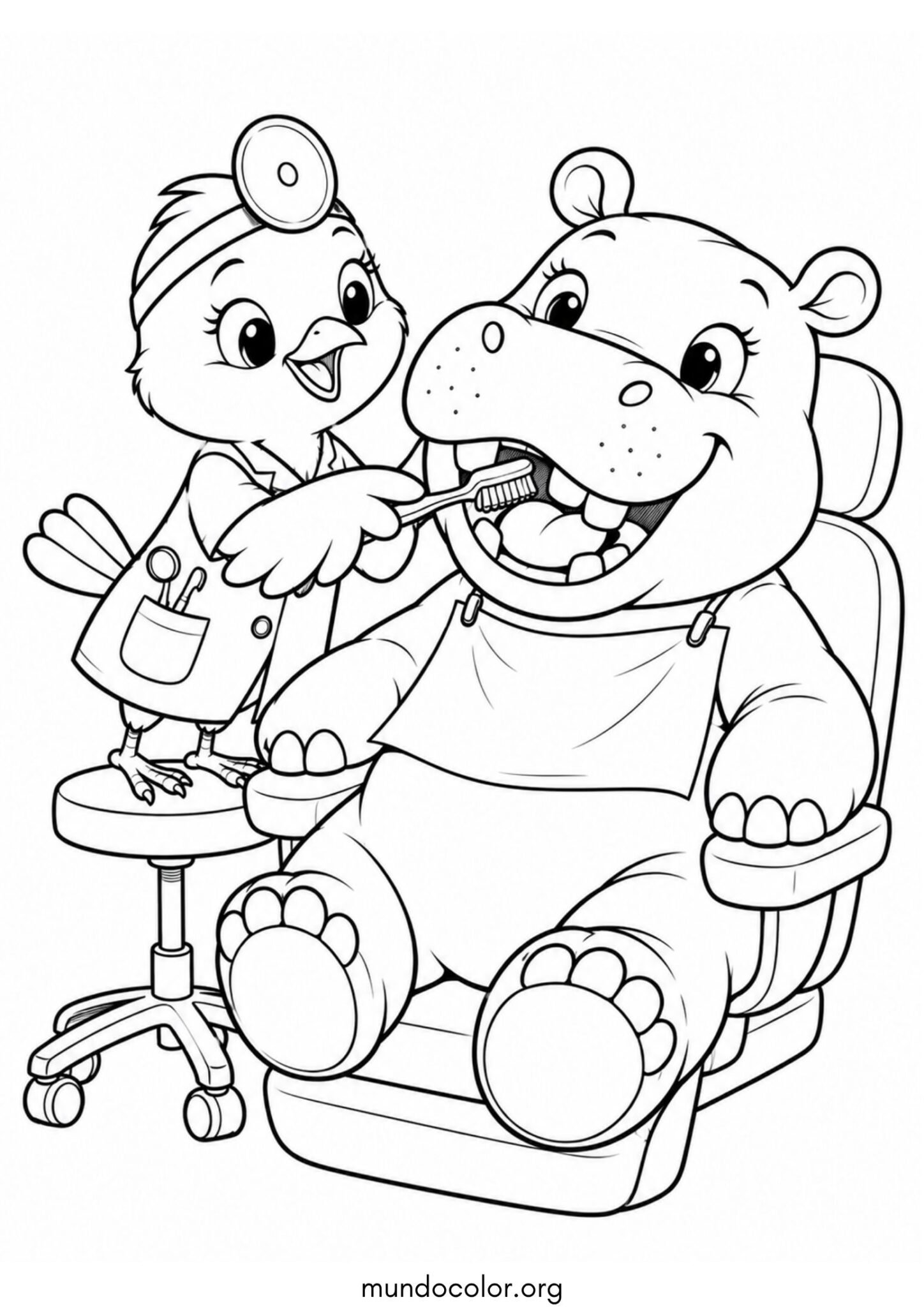 Dibujo de Pajarito dentista limpiando los dientes del hipopótamo sonriente para colorear