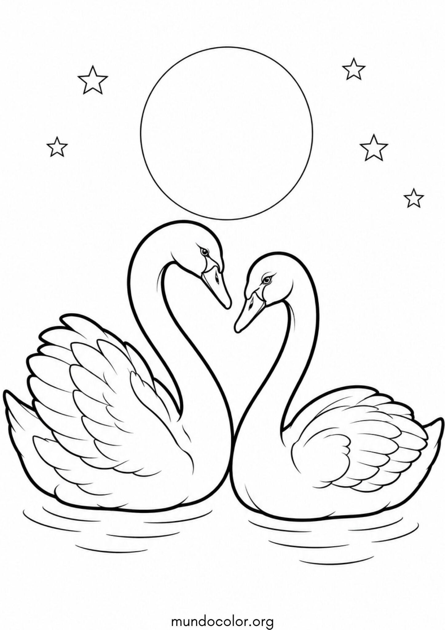 Dibujo de Pareja de cisnes nadando bajo la luz de la luna llena y las estrellas para colorear