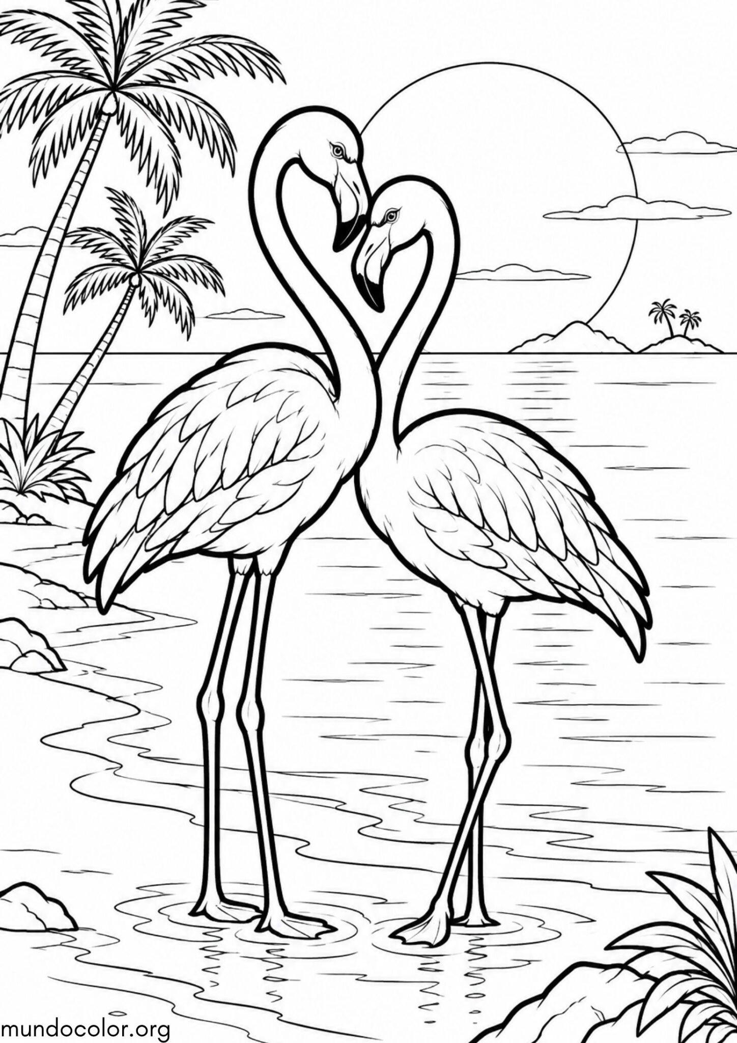 Dibujo de Pareja de flamencos al atardecer para colorear