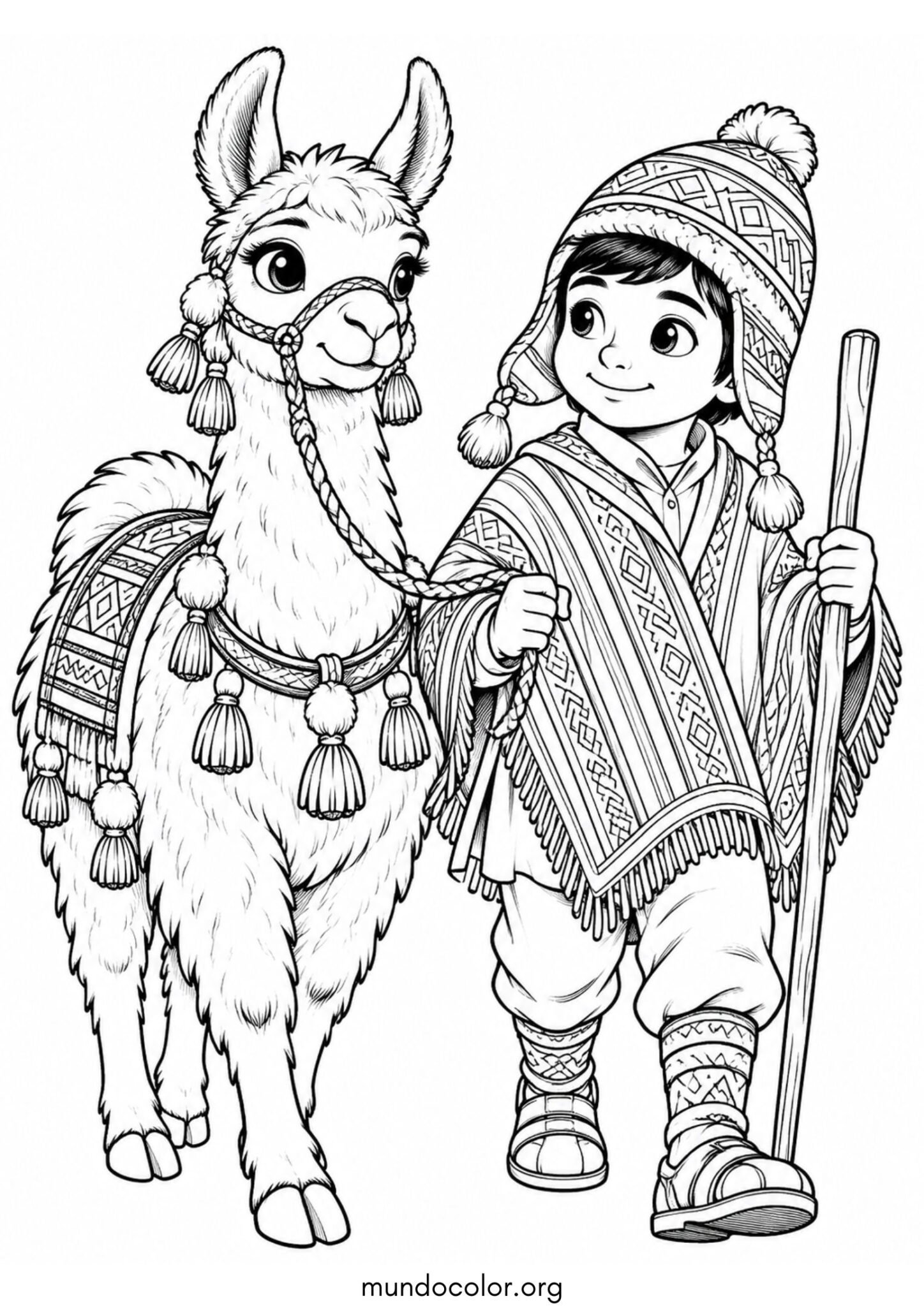 Dibujo de Pastor andino con poncho y chullo caminando junto a su fiel llama para imprimir Dibujo de Pastor andino con poncho y chullo caminando junto a su fiel llama para colorear