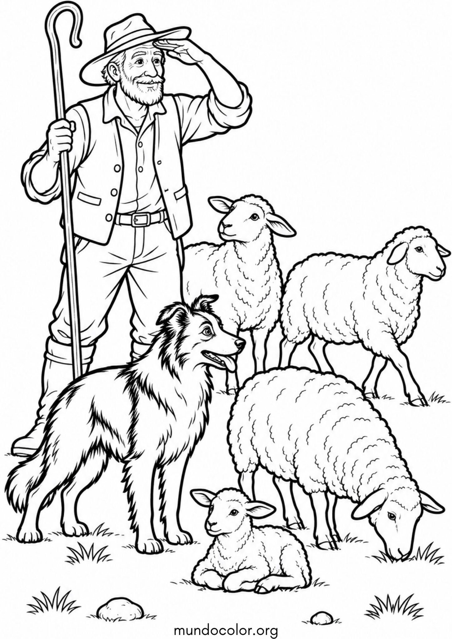 Dibujo de Pastor con su bastón y perro pastor cuidando el rebaño de ovejas para imprimir Dibujo de Pastor con su bastón y perro pastor cuidando el rebaño de ovejas para colorear