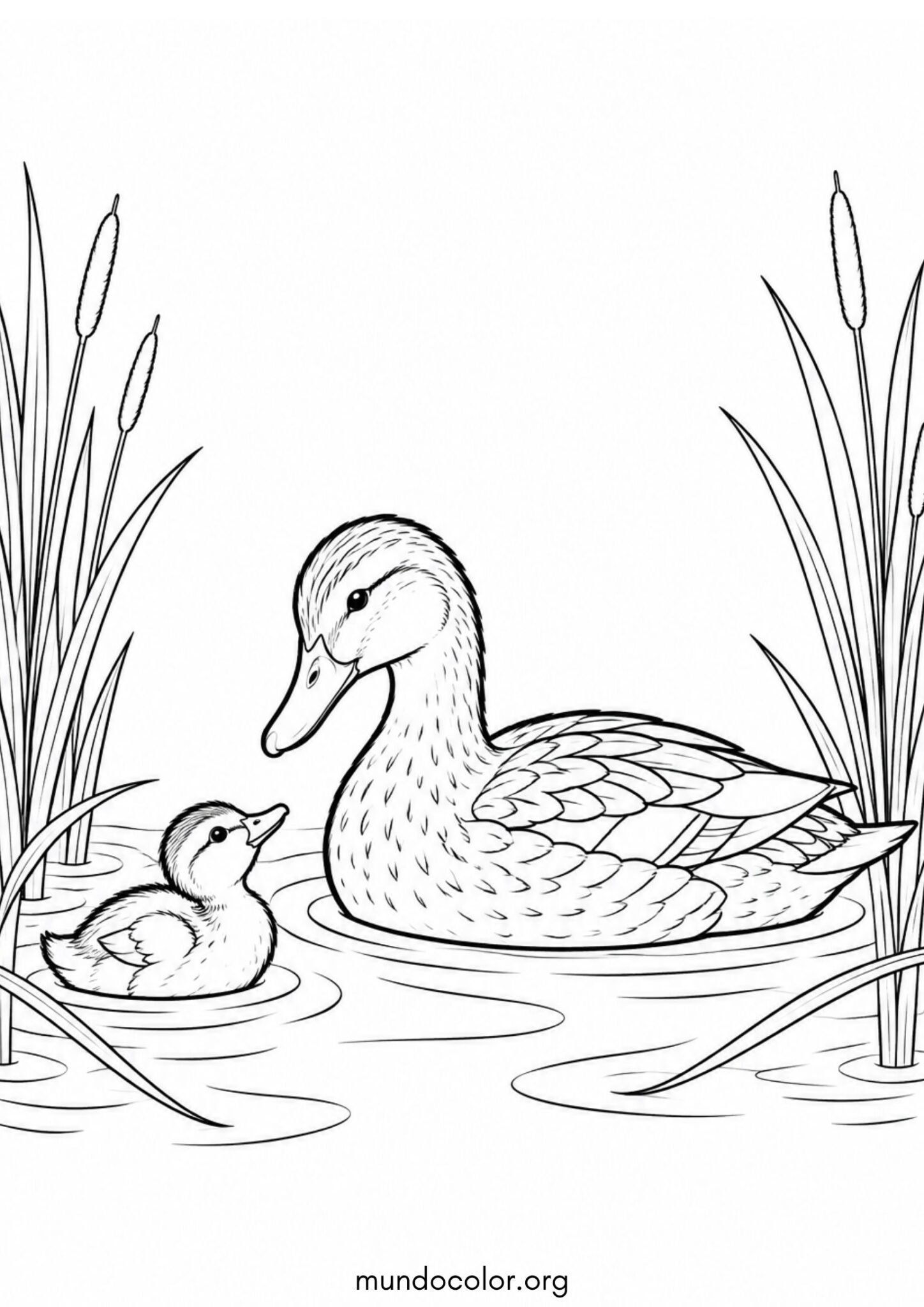 Dibujo de Pata con su patito entre los juncos para colorear