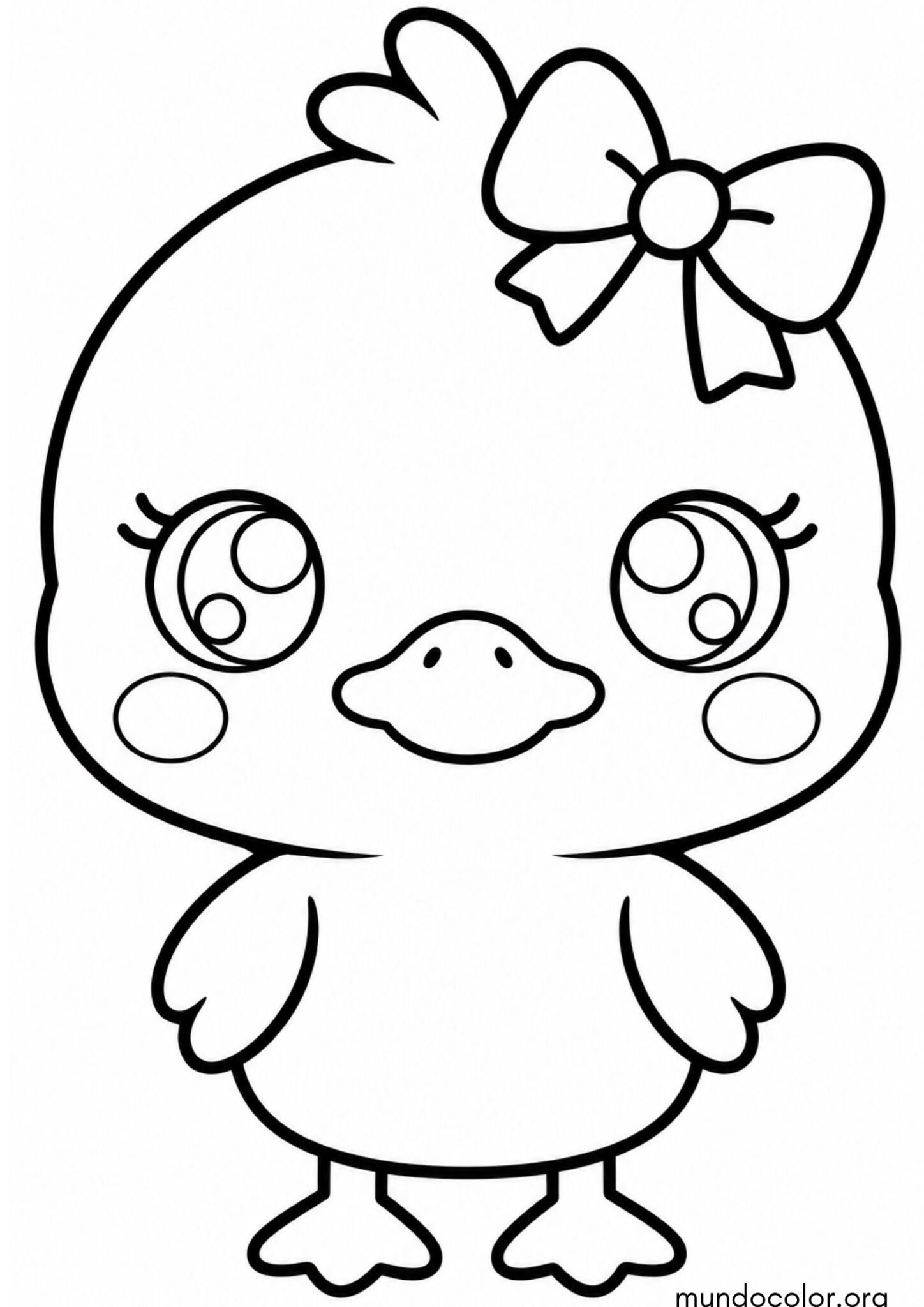 Dibujo de Patito estilo kawaii con un lazo en la cabeza para colorear