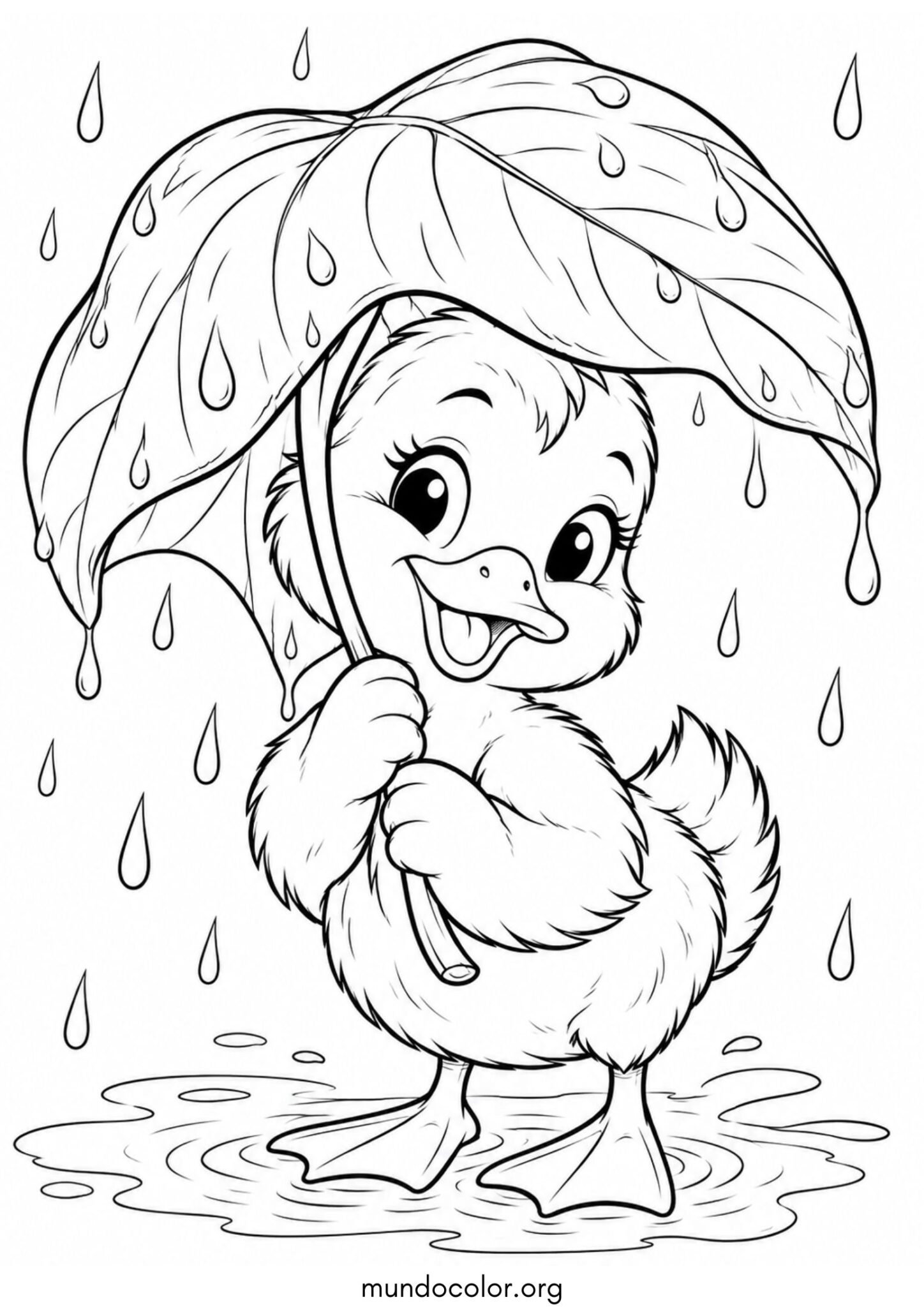 Dibujo de Patito resguardándose de la lluvia bajo una hoja grande para colorear