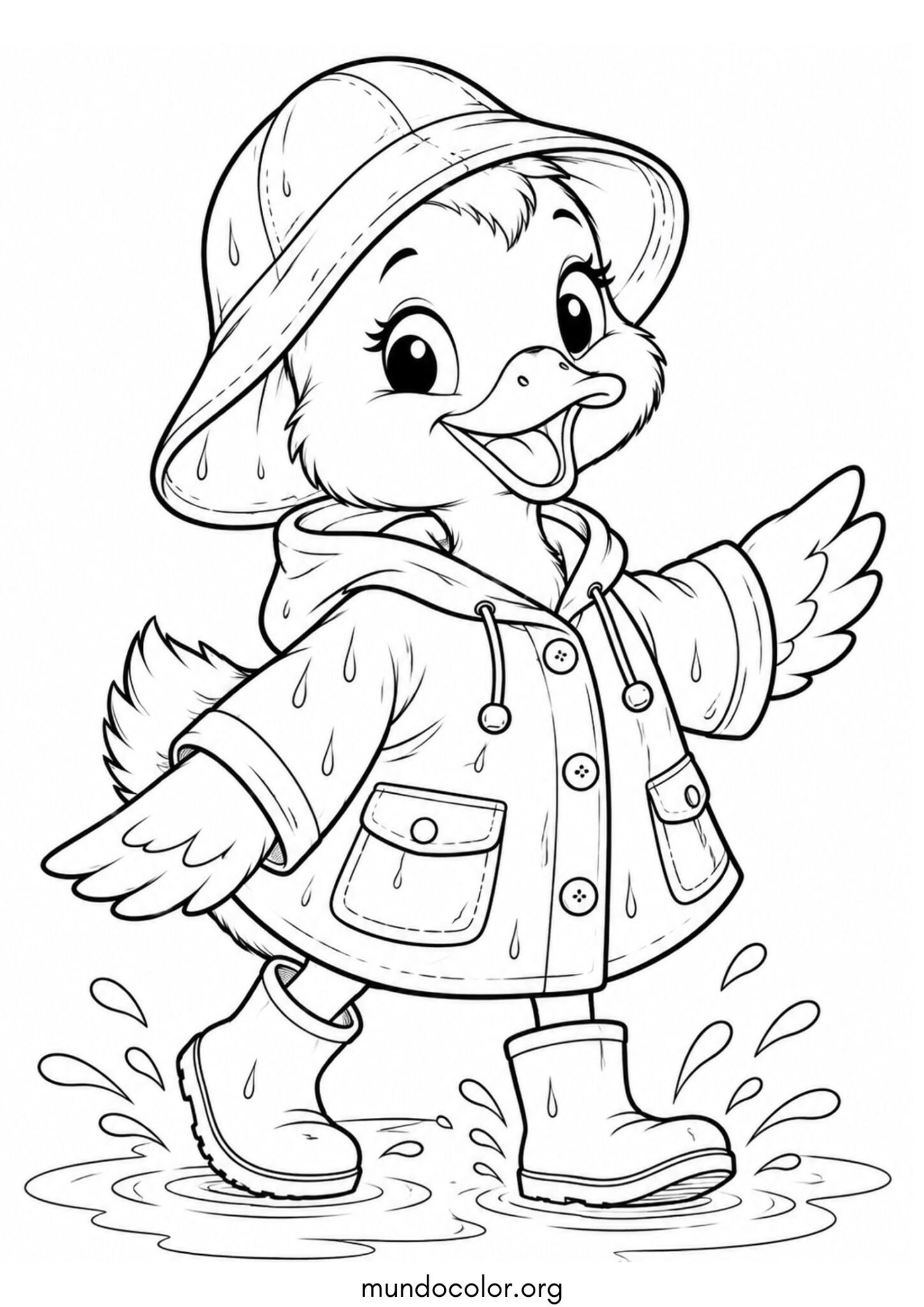 Dibujo de Pato con impermeable y sombrero para la lluvia para colorear
