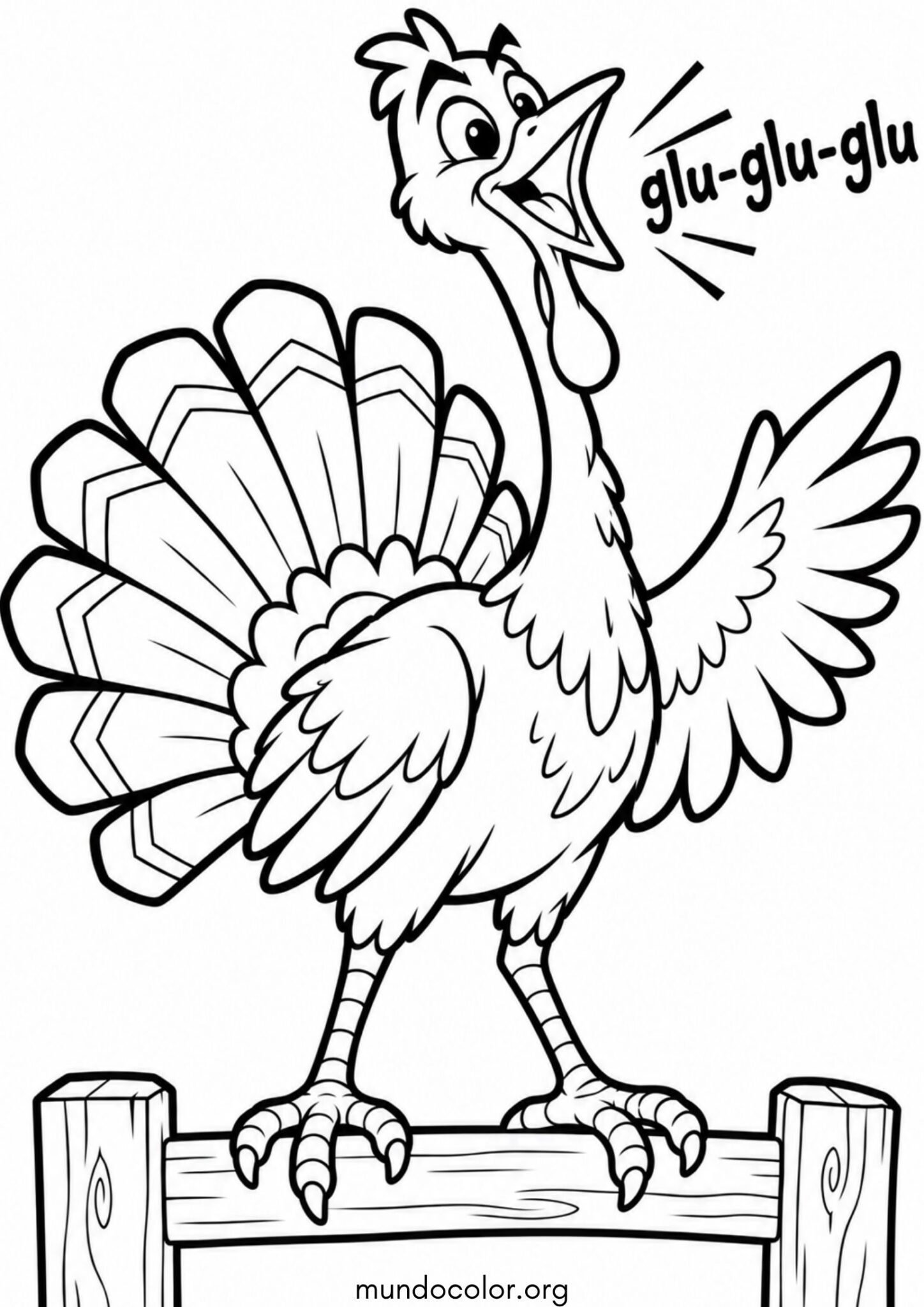 Dibujo de Pavo cantando alegremente «glu-glu-glu» subido a una valla de madera para colorear
