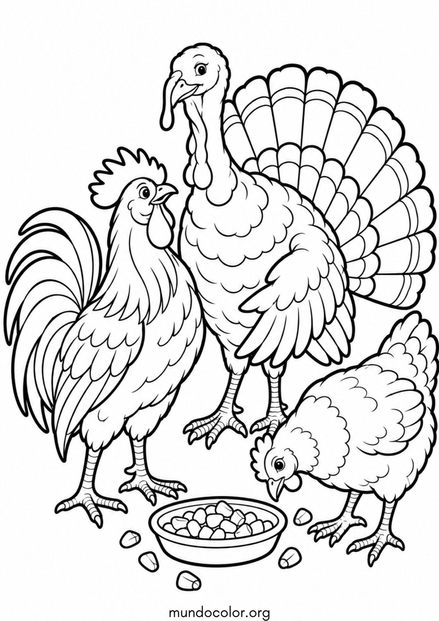 Dibujo de Pavo compartiendo granos de maíz con un gallo y una gallina para imprimir Dibujo de Pavo compartiendo granos de maíz con un gallo y una gallina para colorear