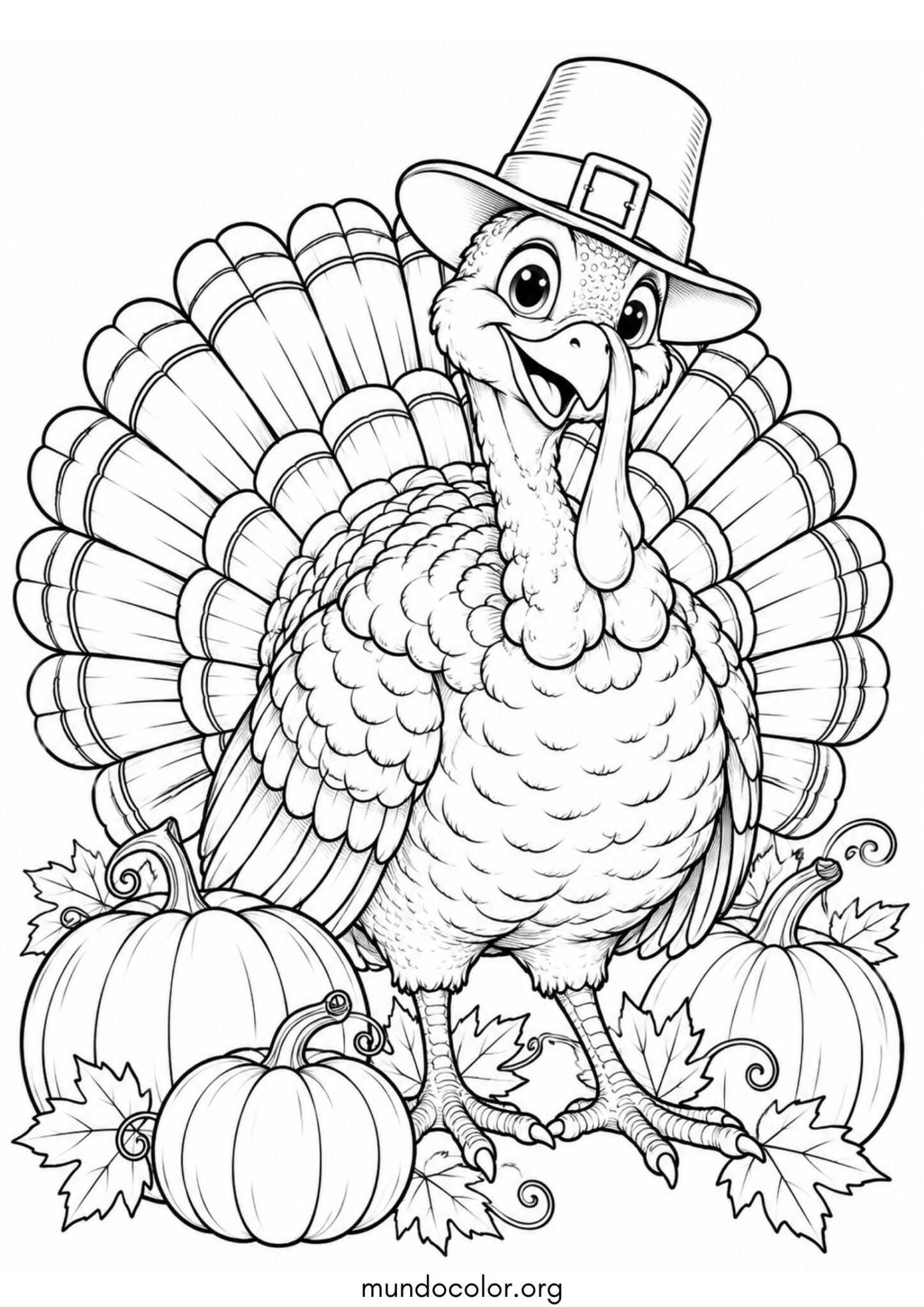 Dibujo de Pavo de Acción de Gracias con sombrero de peregrino y calabazas para colorear