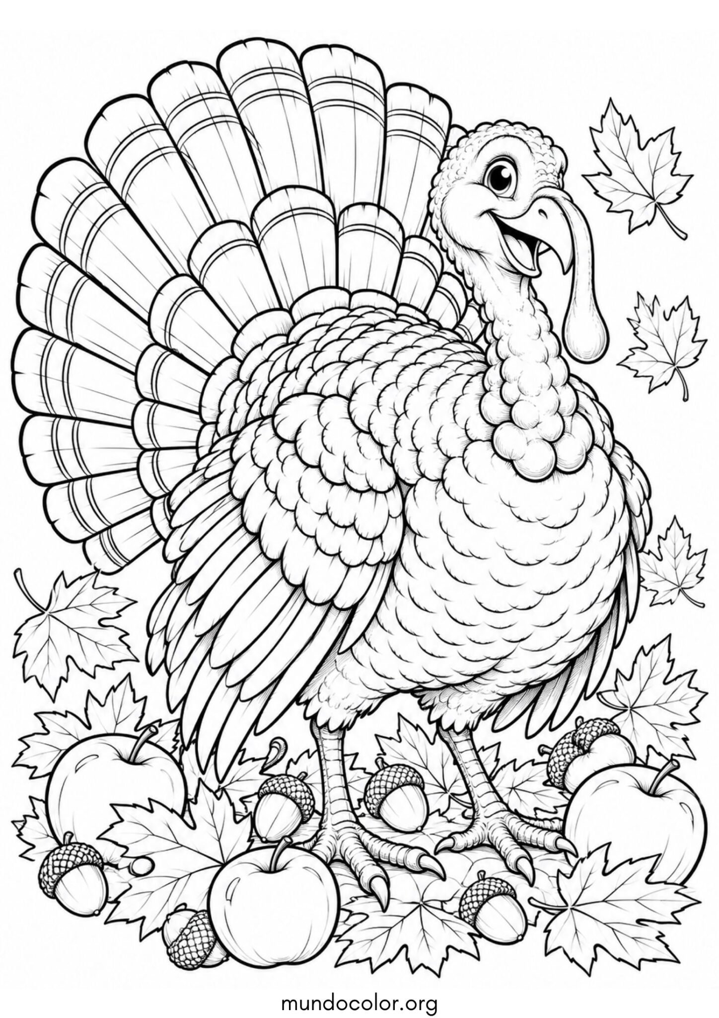Dibujo de Pavo de otoño rodeado de hojas secas de arce, bellotas y manzanas para colorear