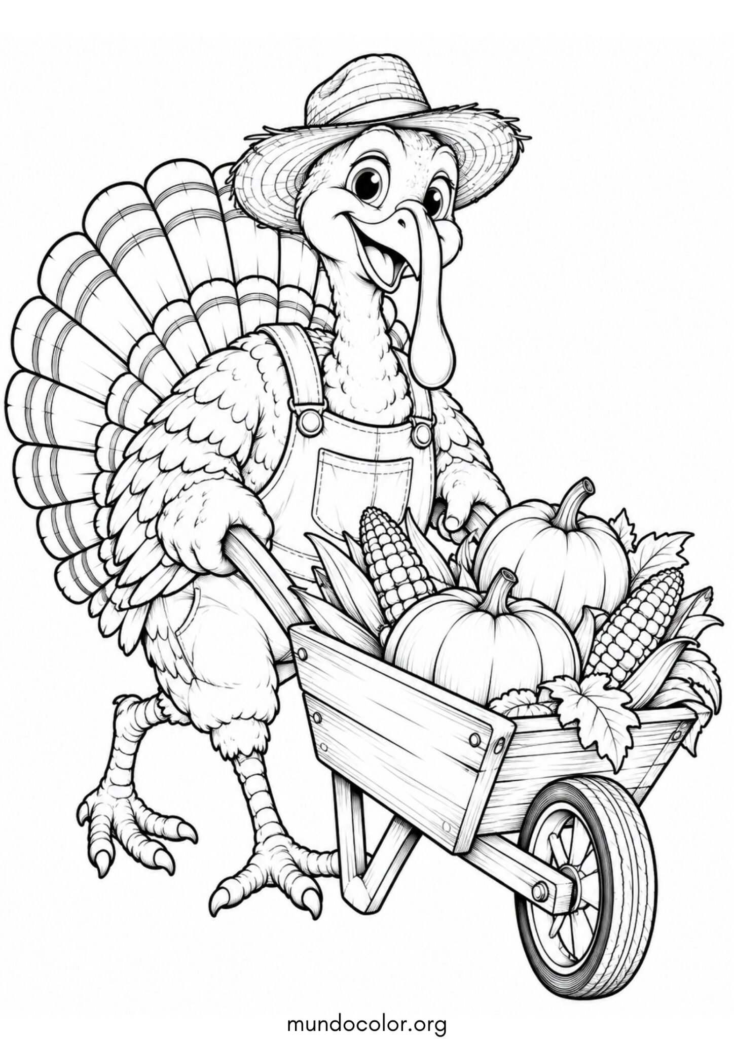 Dibujo de Pavo granjero empujando una carretilla llena de maíz y calabazas para imprimir Dibujo de Pavo granjero empujando una carretilla llena de maíz y calabazas para colorear