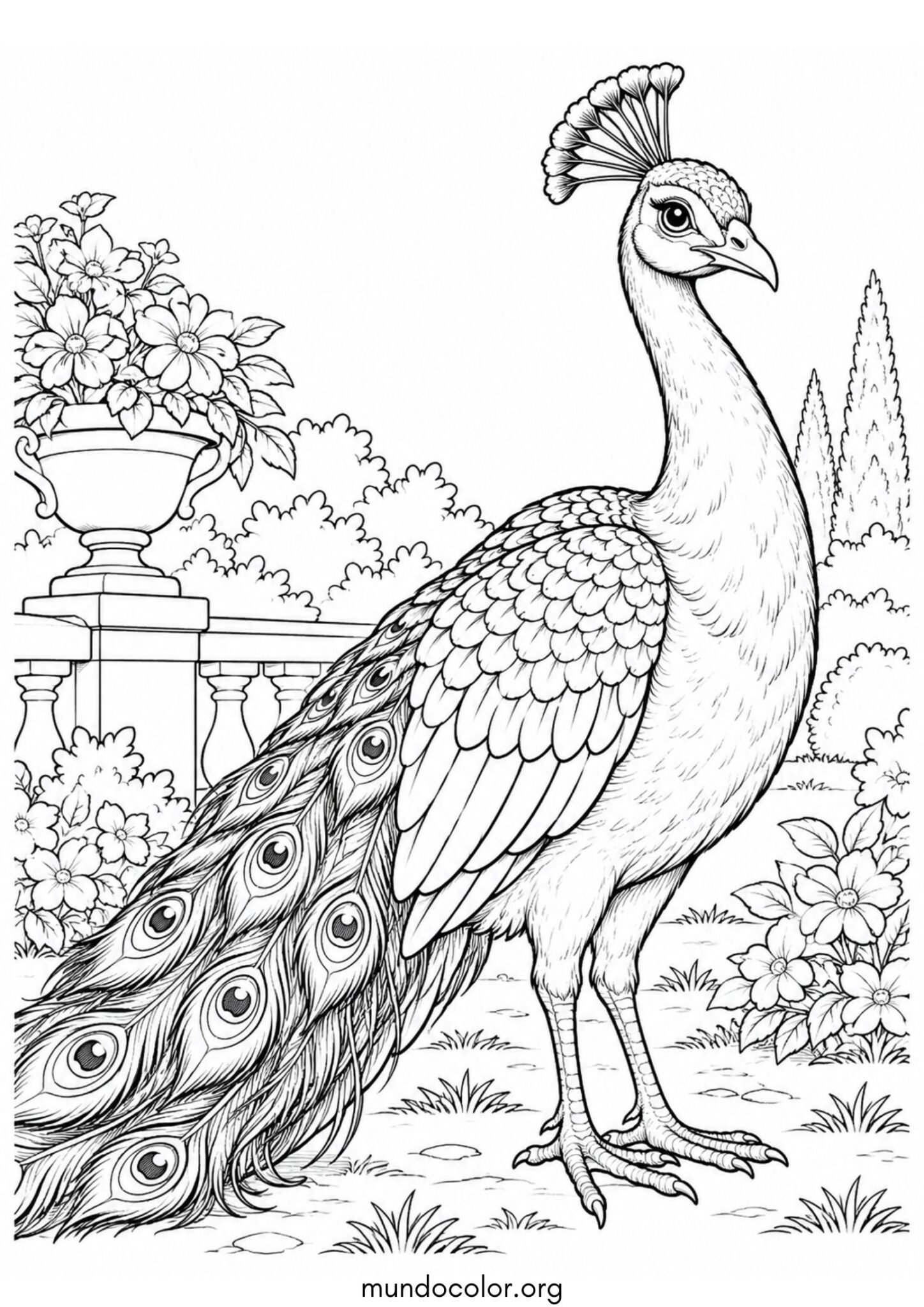 Dibujo de Pavo real en el parque con la cola recogida para imprimir Dibujo de Pavo real en el parque con la cola recogida para colorear