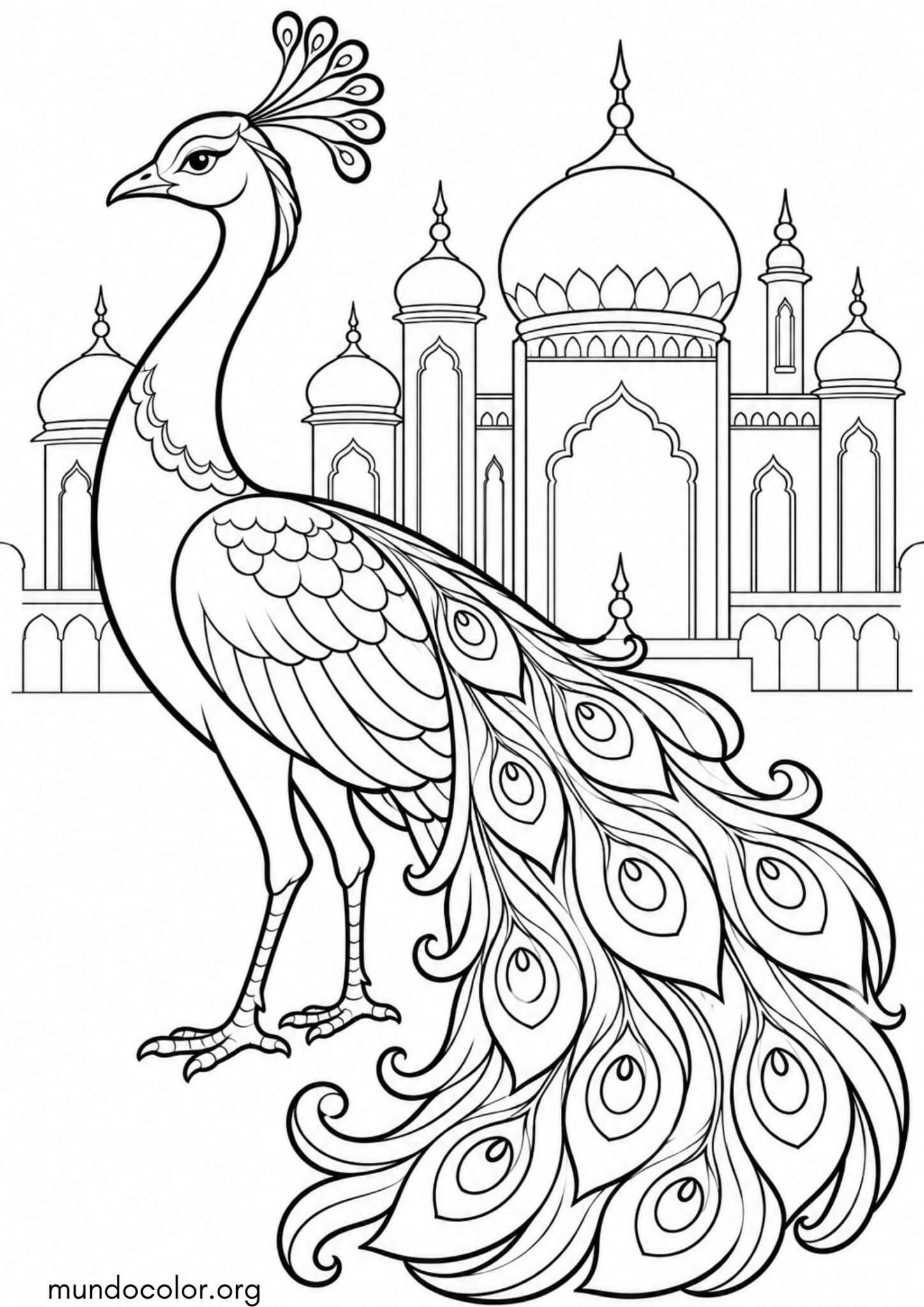 Dibujo de Pavo real frente al palacio para colorear