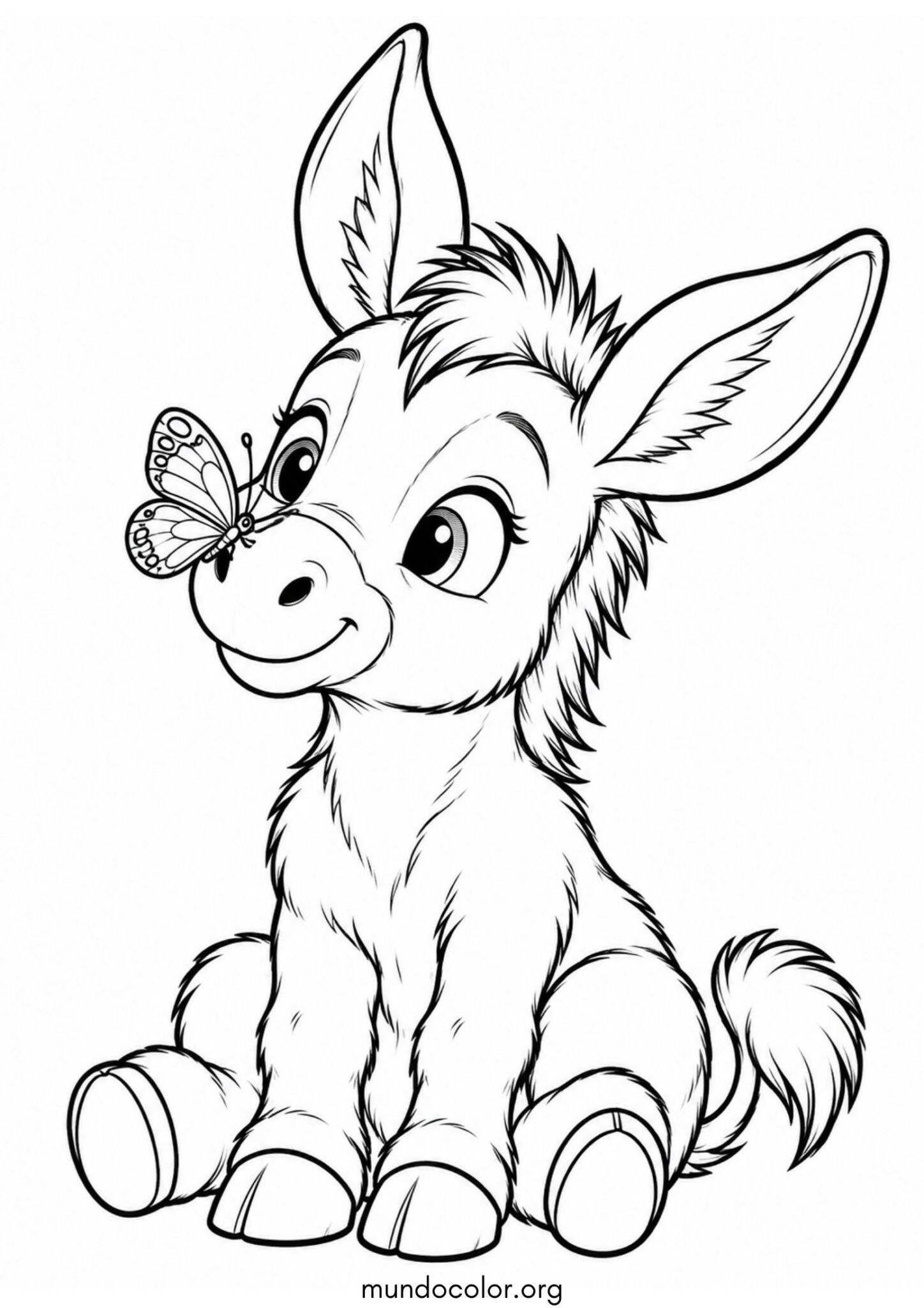 Dibujo de Pequeño burrito sentado jugando alegremente con una mariposa en la nariz para colorear