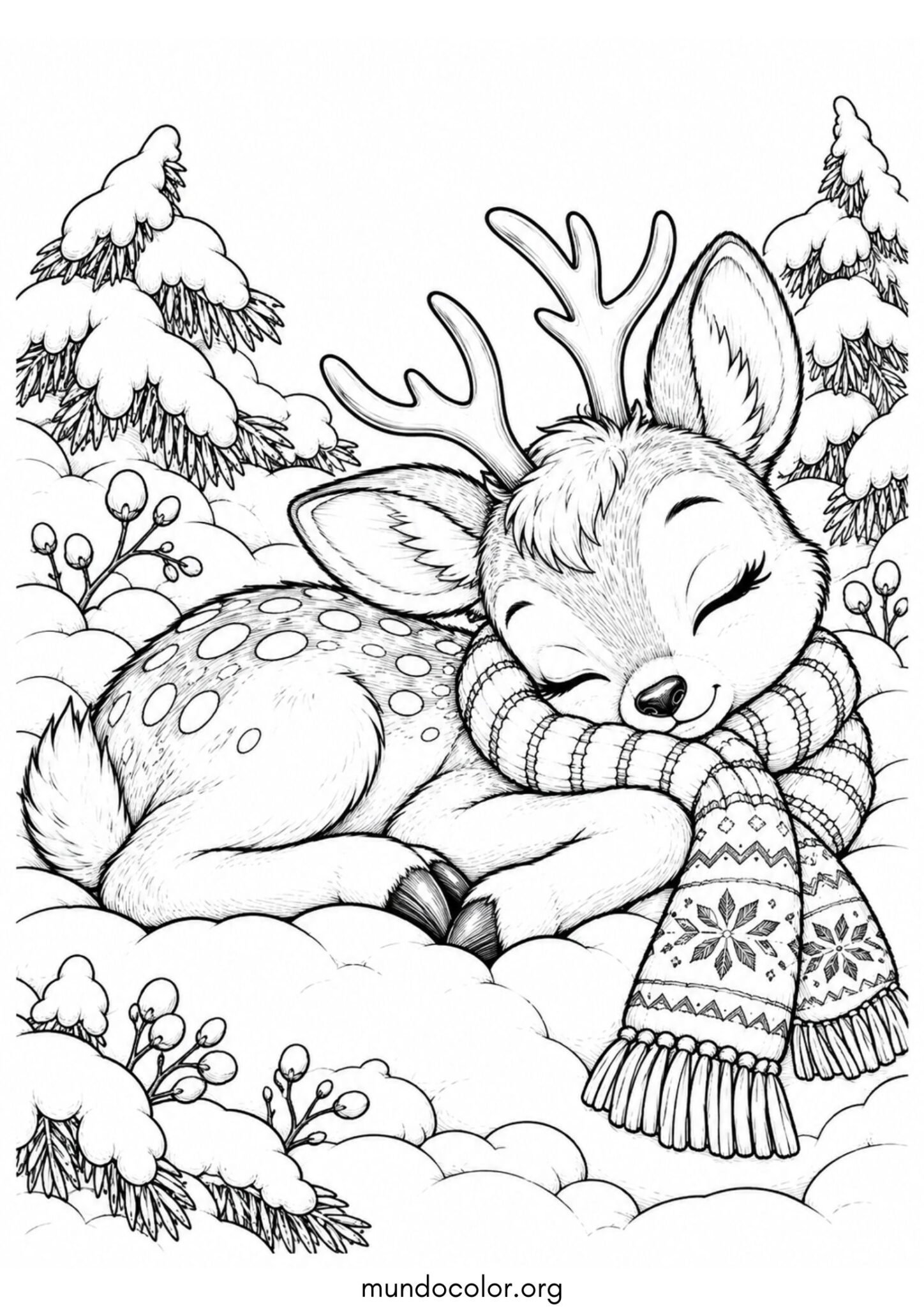 Dibujo de Pequeño cervatillo de reno durmiendo sobre un cojín de nieve abrigado con una bufanda para colorear
