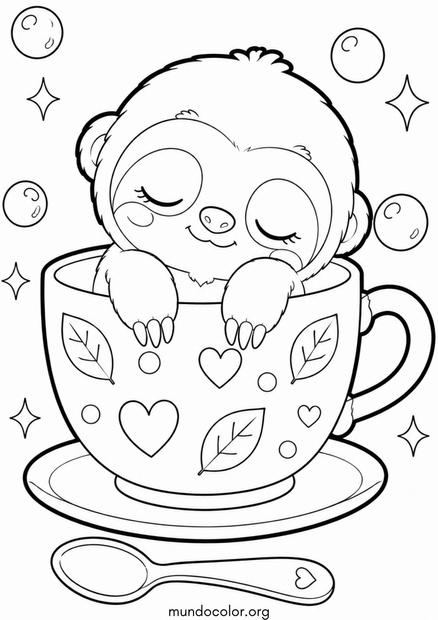 Dibujo de Perezoso bebé dentro de una taza de café estilo Chibi para colorear