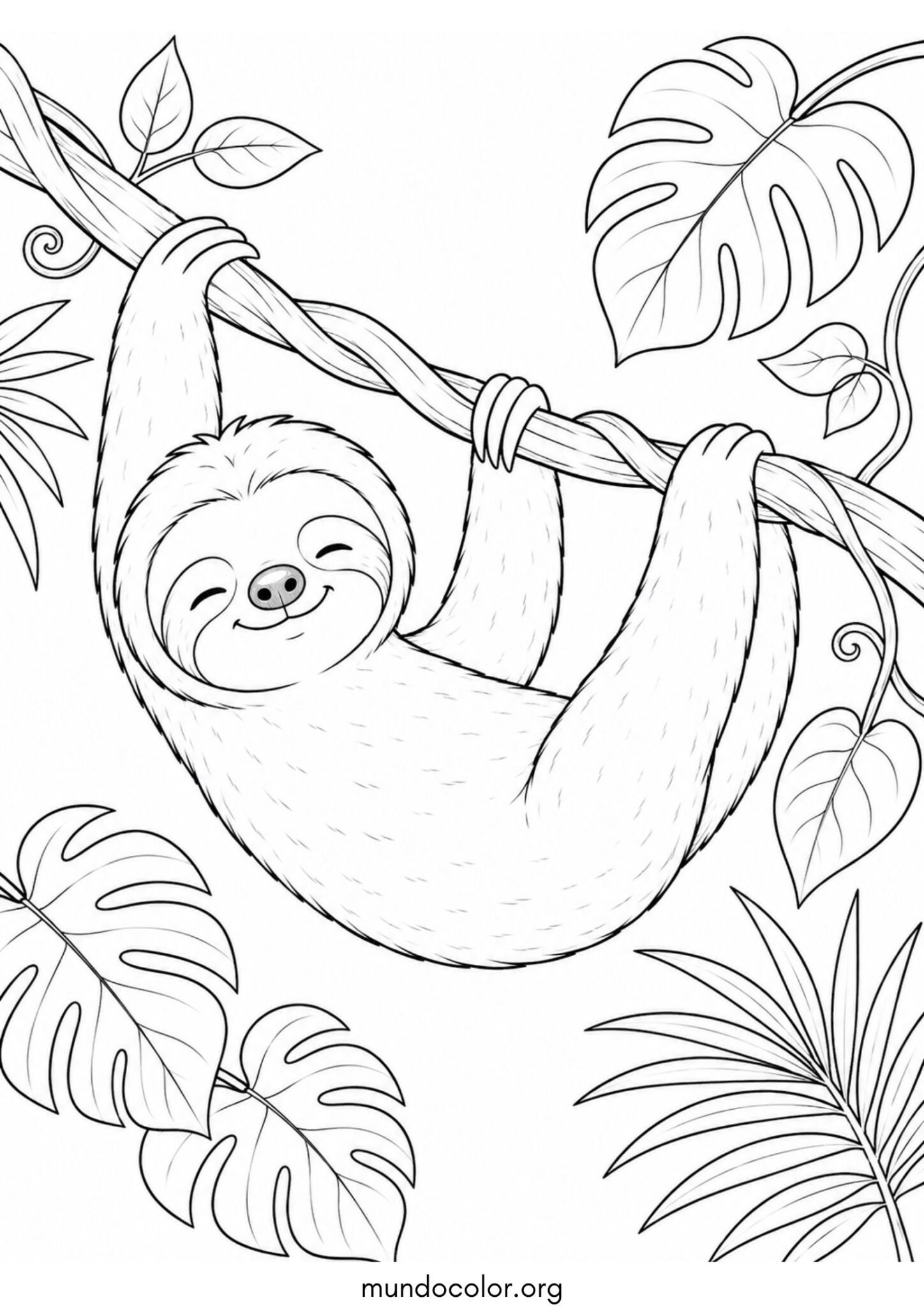 Dibujo de Perezoso colgado de una liana con carita sonriente y relajada para colorear