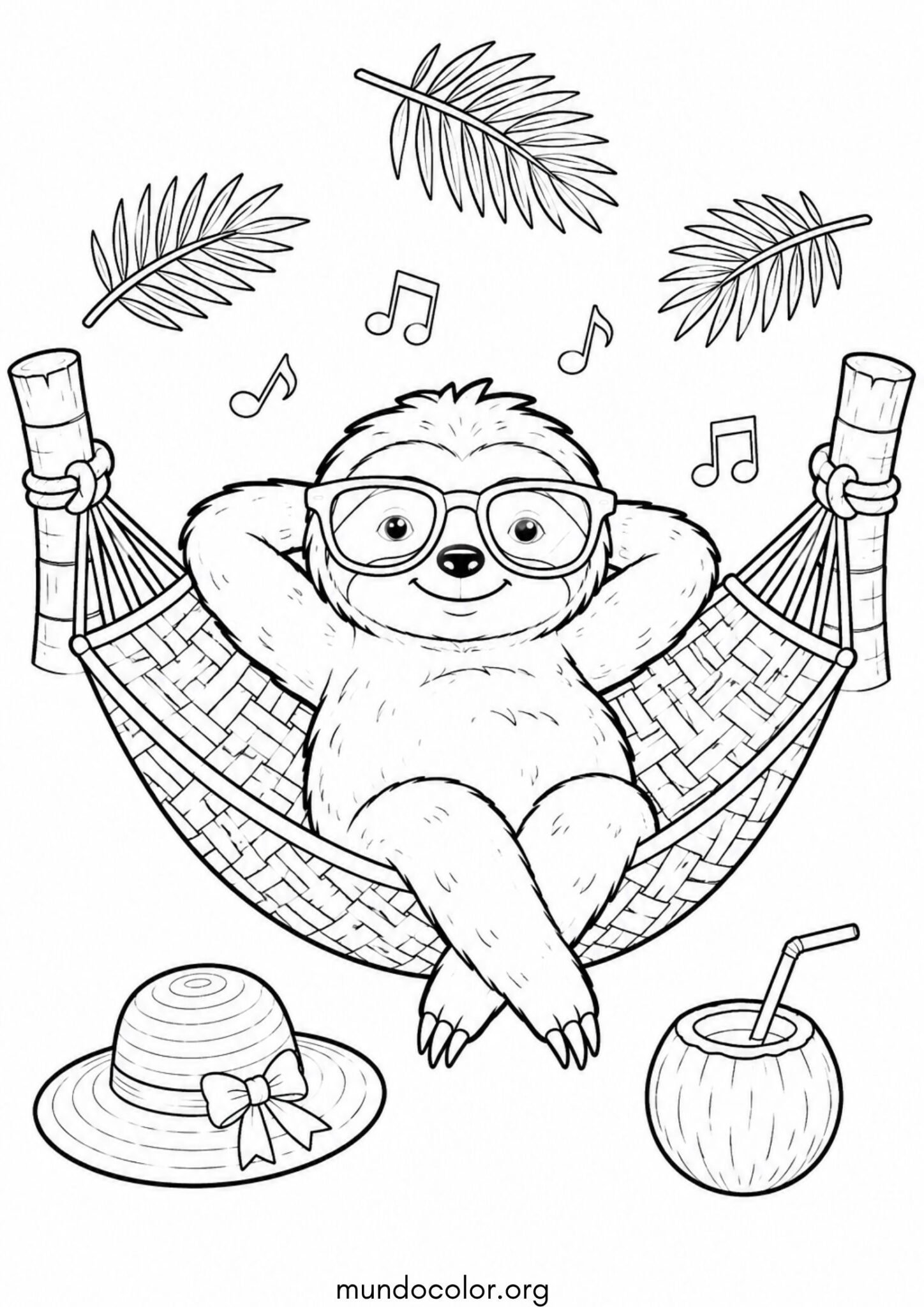 Dibujo de Perezoso descansando en una hamaca tropical con gafas de sol para imprimir Dibujo de Perezoso descansando en una hamaca tropical con gafas de sol para colorear