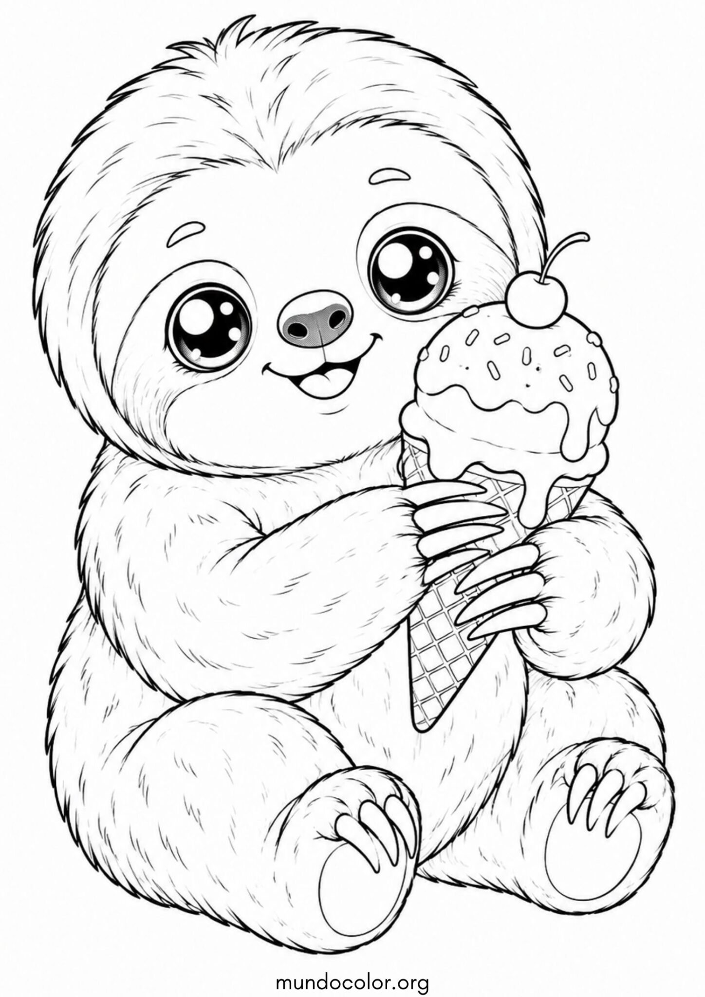 Dibujo de Perezoso kawaii comiendo un rico helado para imprimir Dibujo de Perezoso kawaii comiendo un rico helado para colorear