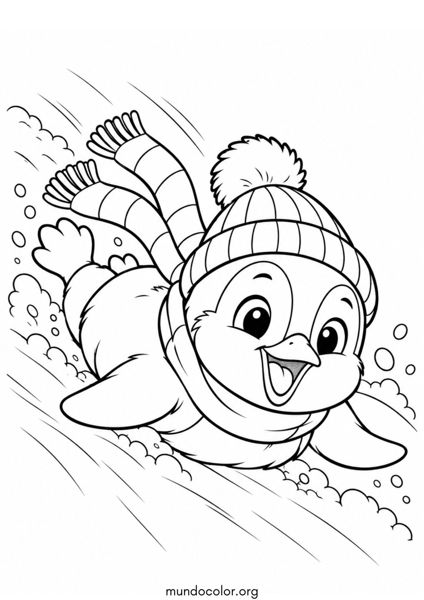 Dibujo de Pingüino deslizándose de panza por la colina de nieve para imprimir Dibujo de Pingüino deslizándose de panza por la colina de nieve para colorear