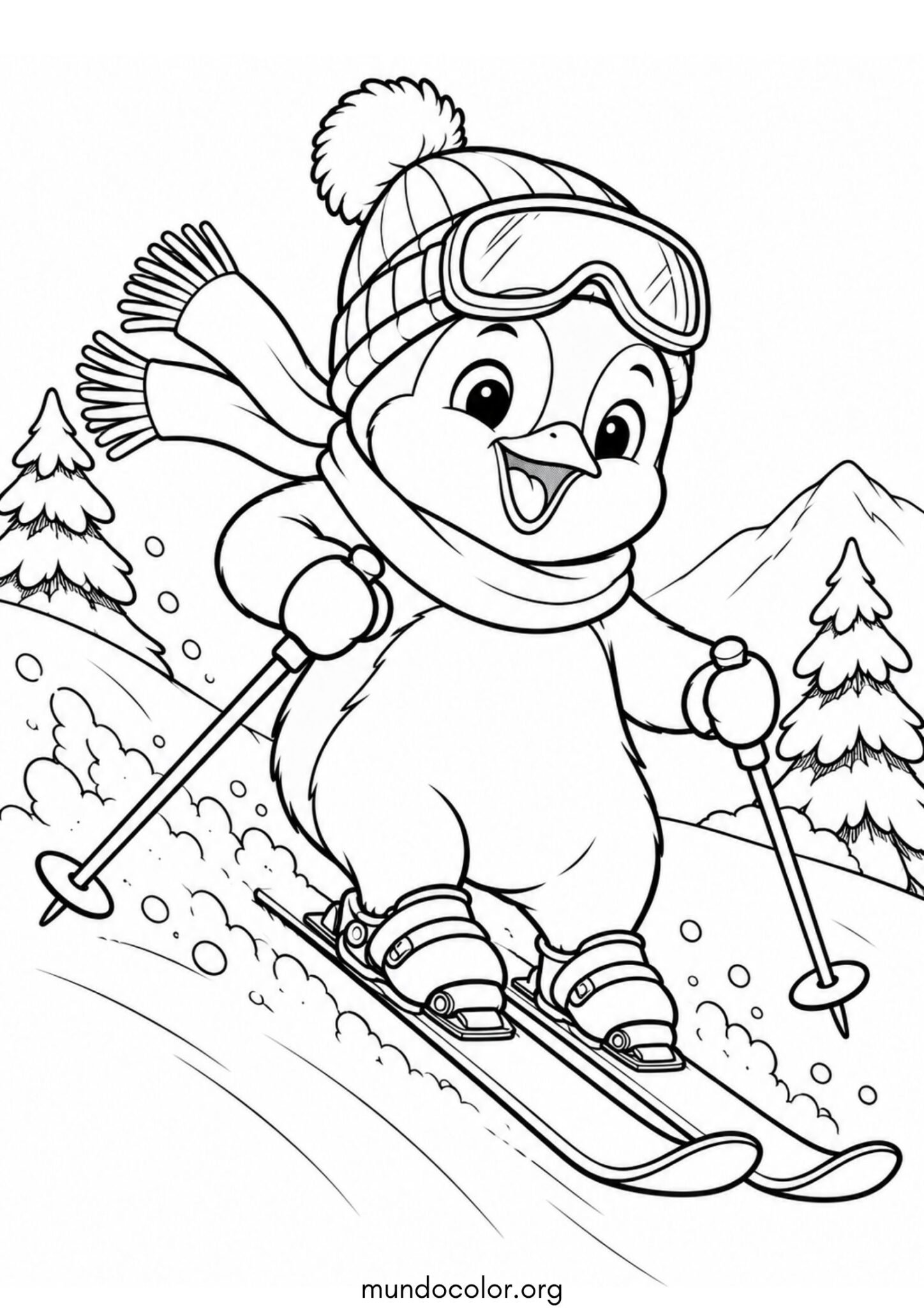 Dibujo de Pingüino esquiando en la nieve para colorear