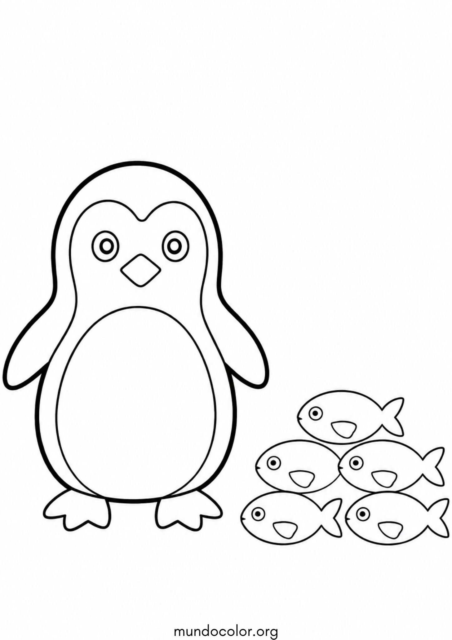 Dibujo de Pingüino junto a un montón de peces para imprimir Dibujo de Pingüino junto a un montón de peces para colorear