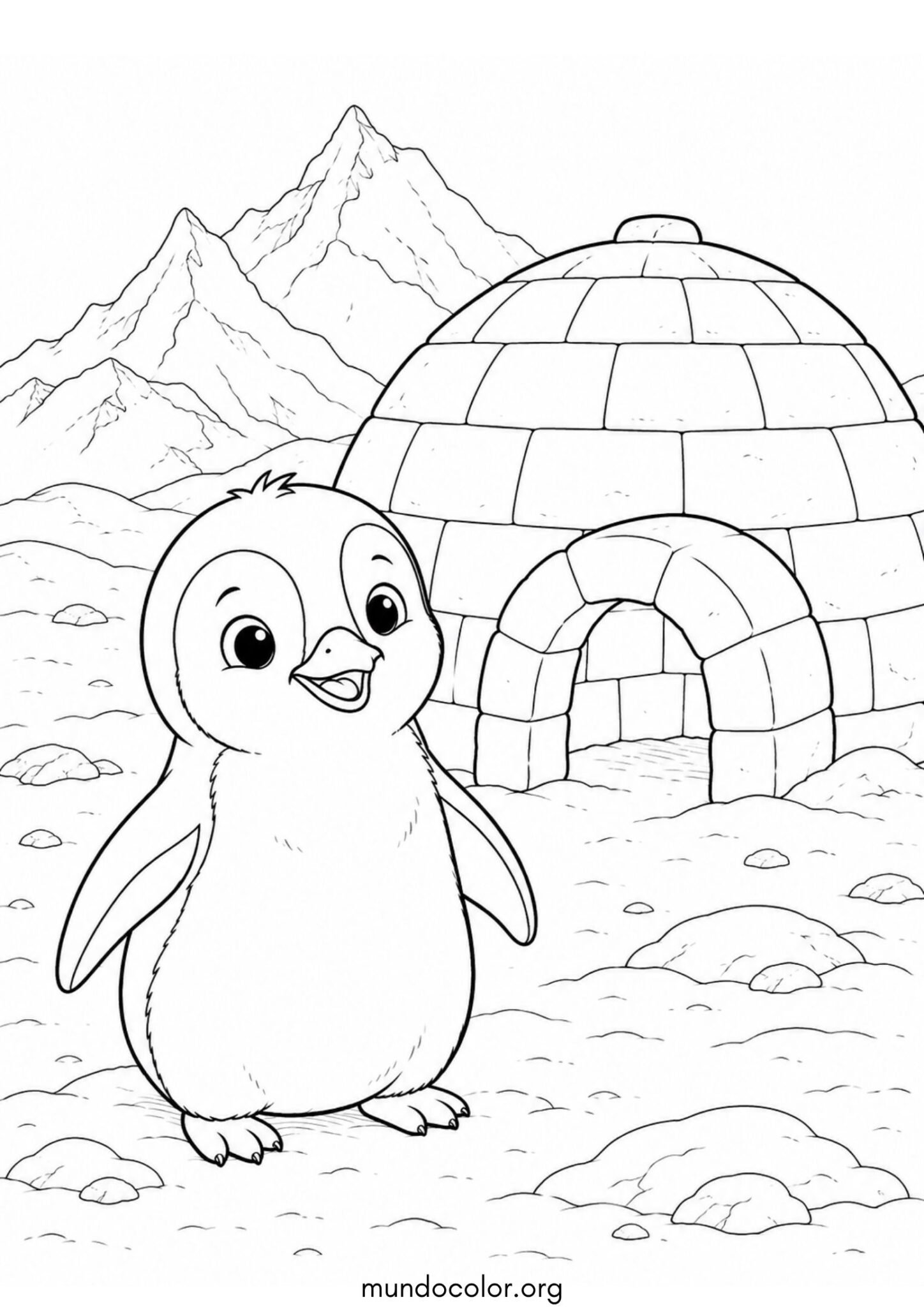 Dibujo de Pingüino junto al iglú para colorear