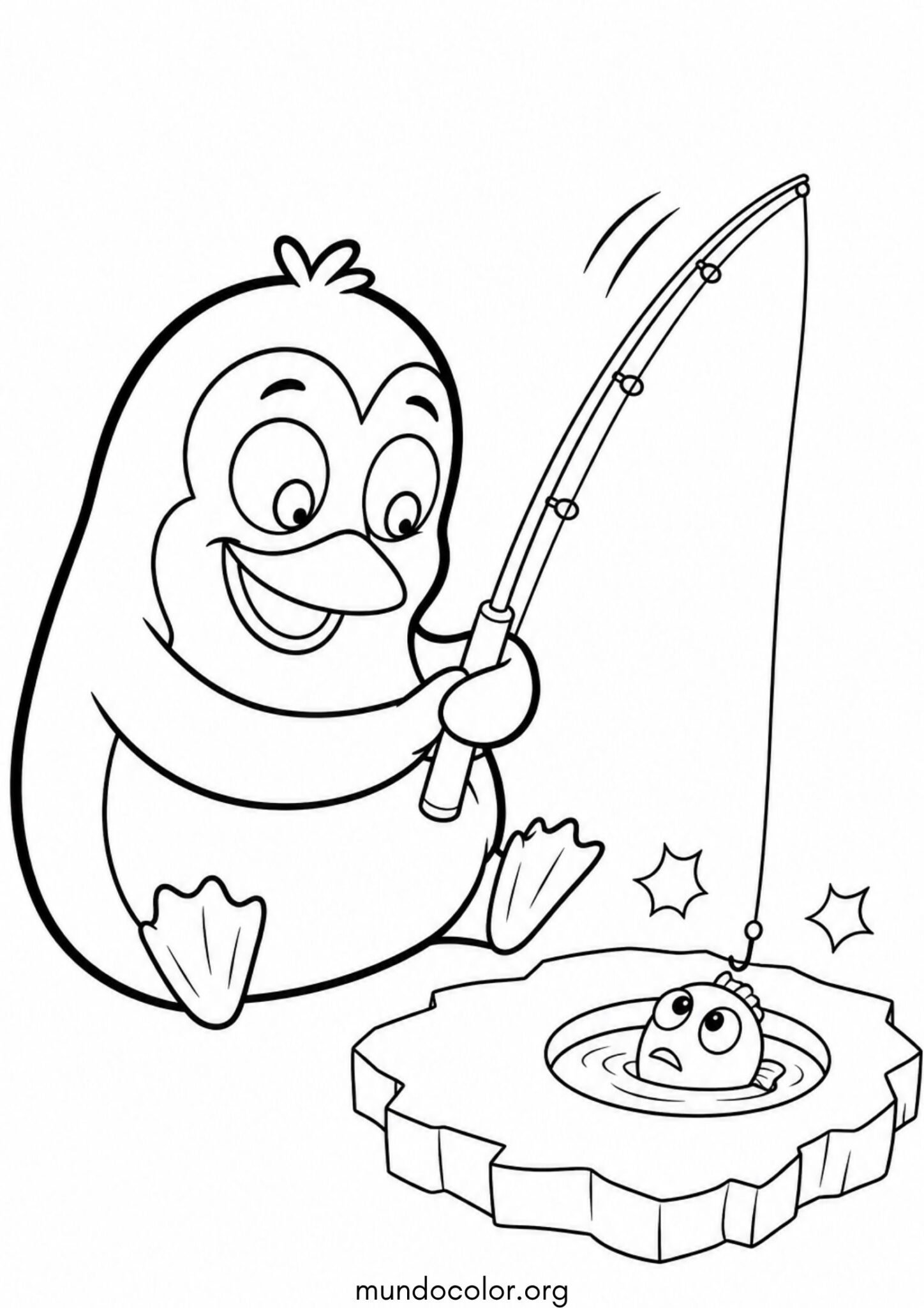 Dibujo de Pingüino pescando con caña para colorear