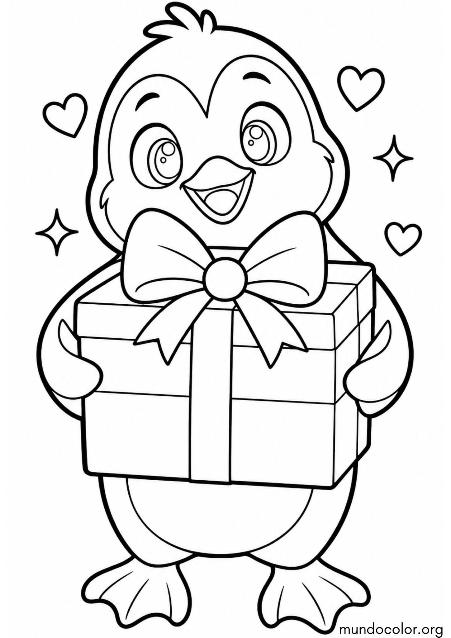 Dibujo de Pingüino sosteniendo un gran regalo para colorear