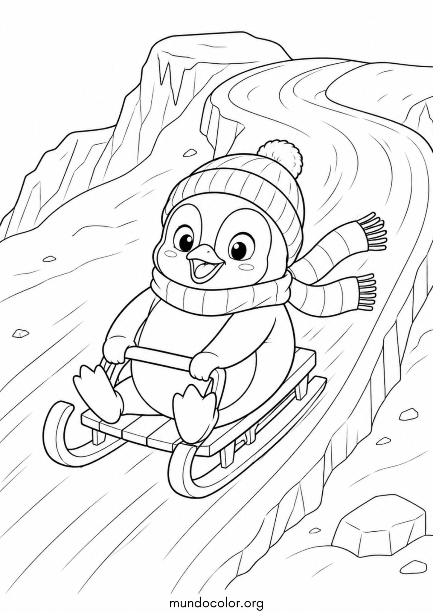 Dibujo de Pingüino tirándose en trineo para imprimir Dibujo de Pingüino tirándose en trineo para colorear