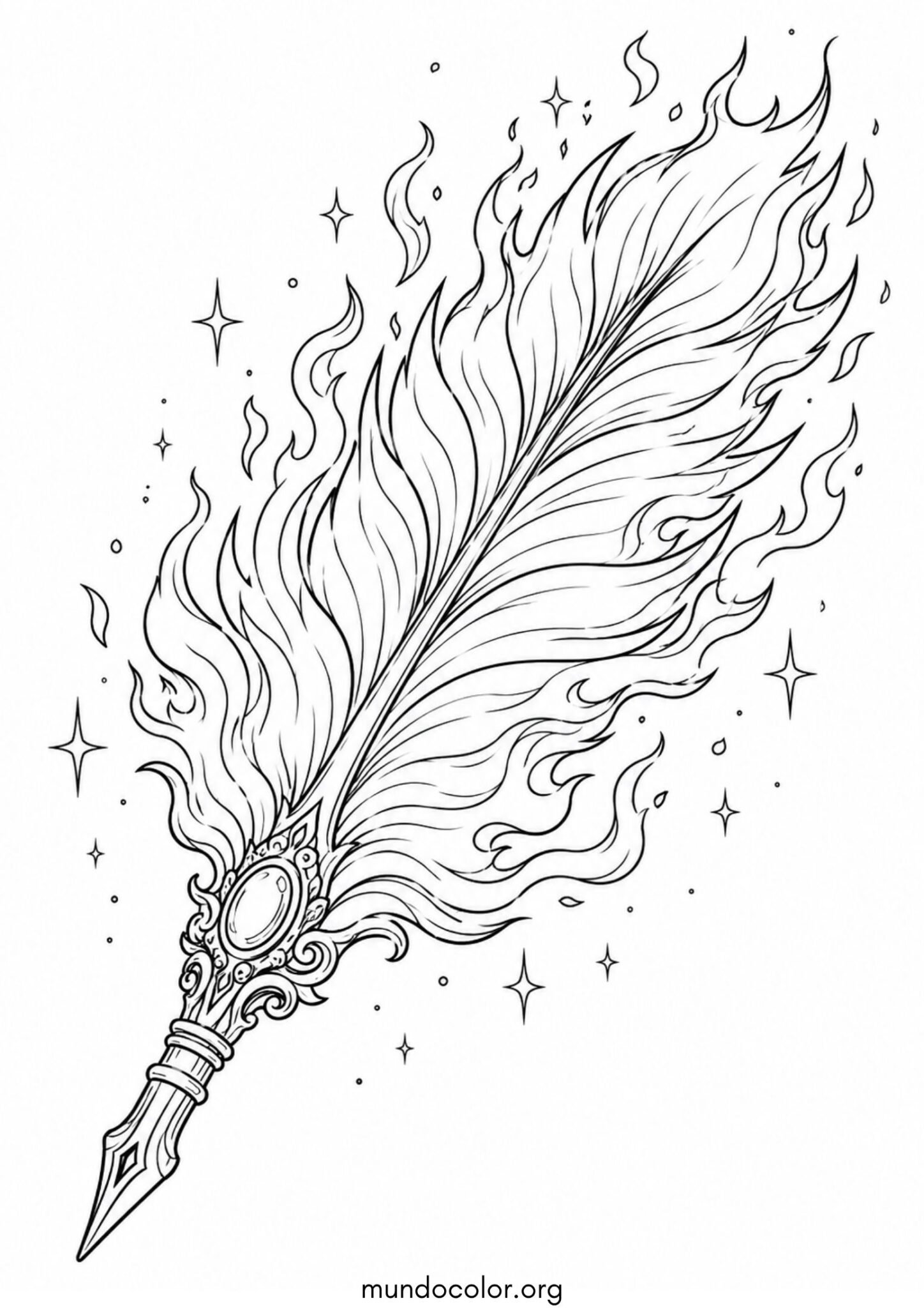 Dibujo de Pluma mágica de Fénix encendida con destellos de fuego para imprimir Dibujo de Pluma mágica de Fénix encendida con destellos de fuego para colorear